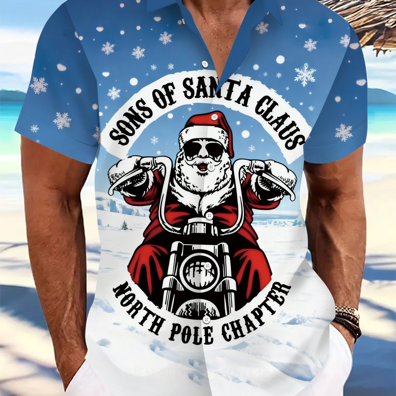 TEMU Motor Santa Digital Printed Men's Lapel Shirt, 100% Polyester, Non-stretch, Stylish And Casual Adult Versatile Top