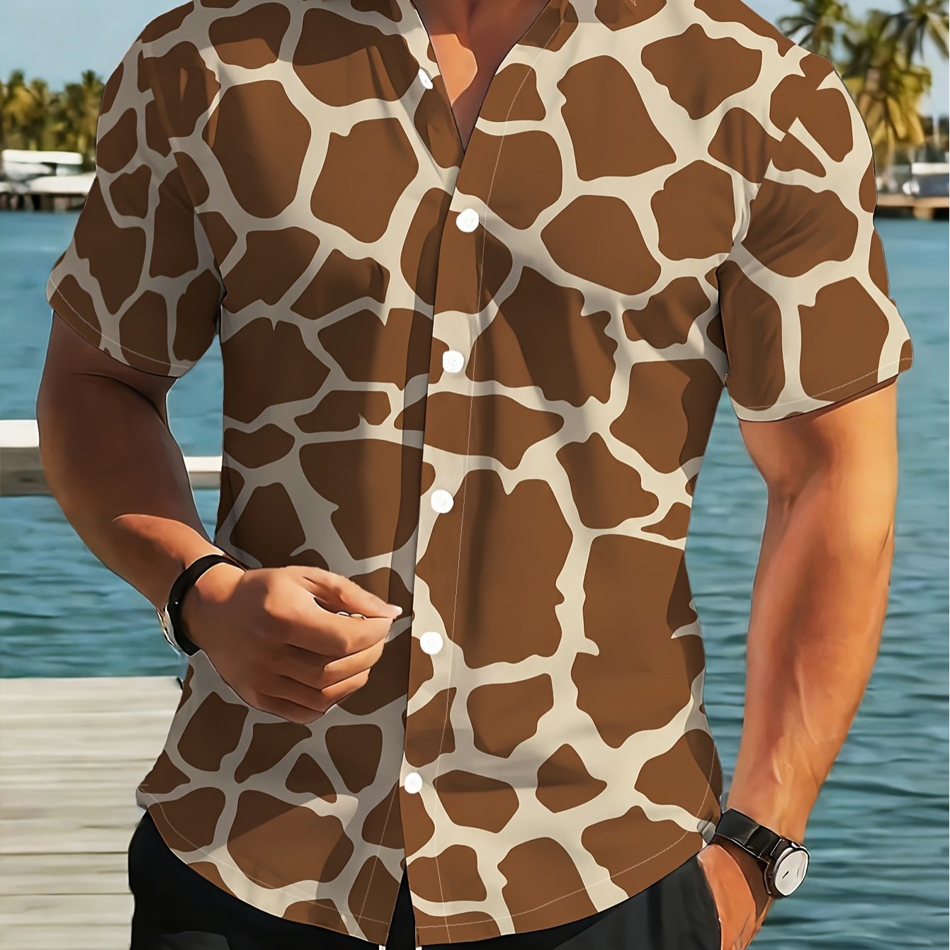 TEMU Men's Giraffe Print Shirt, Cute Vacation Shirt Gift, Plus Size