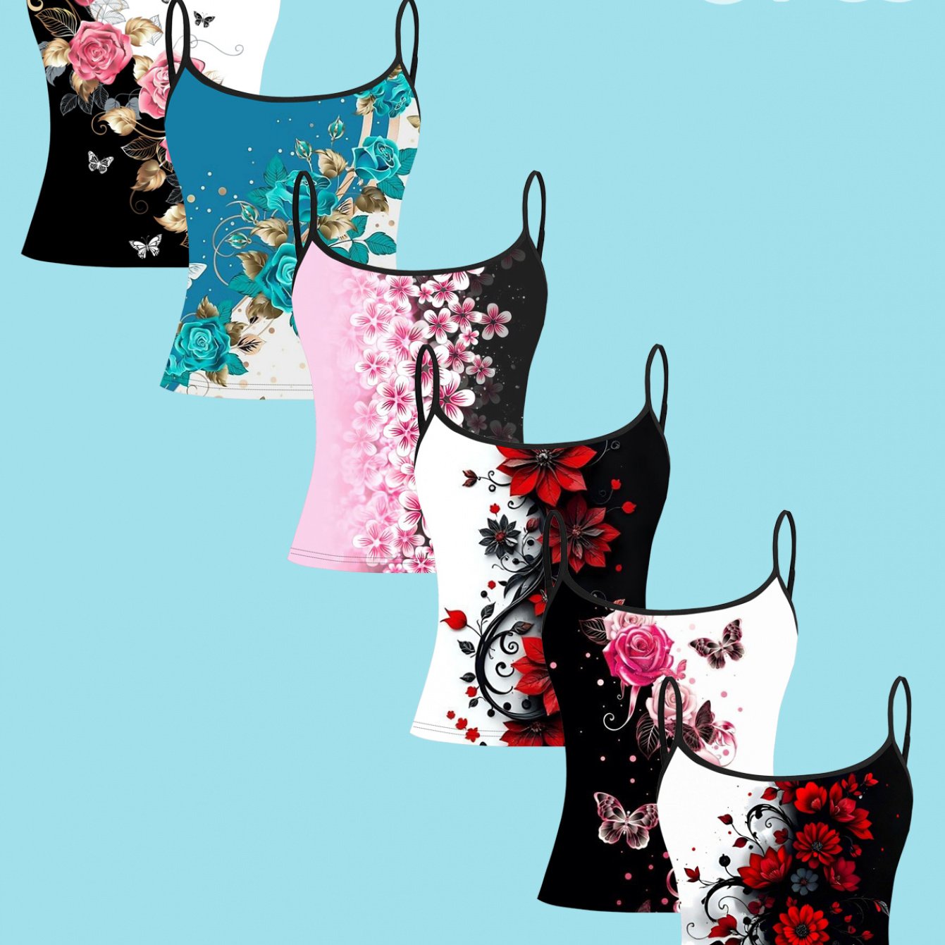 TEMU 6pcs Vintage Floral Print Camisole Tops, Women's Slim-fit Undershirts, Base Layers