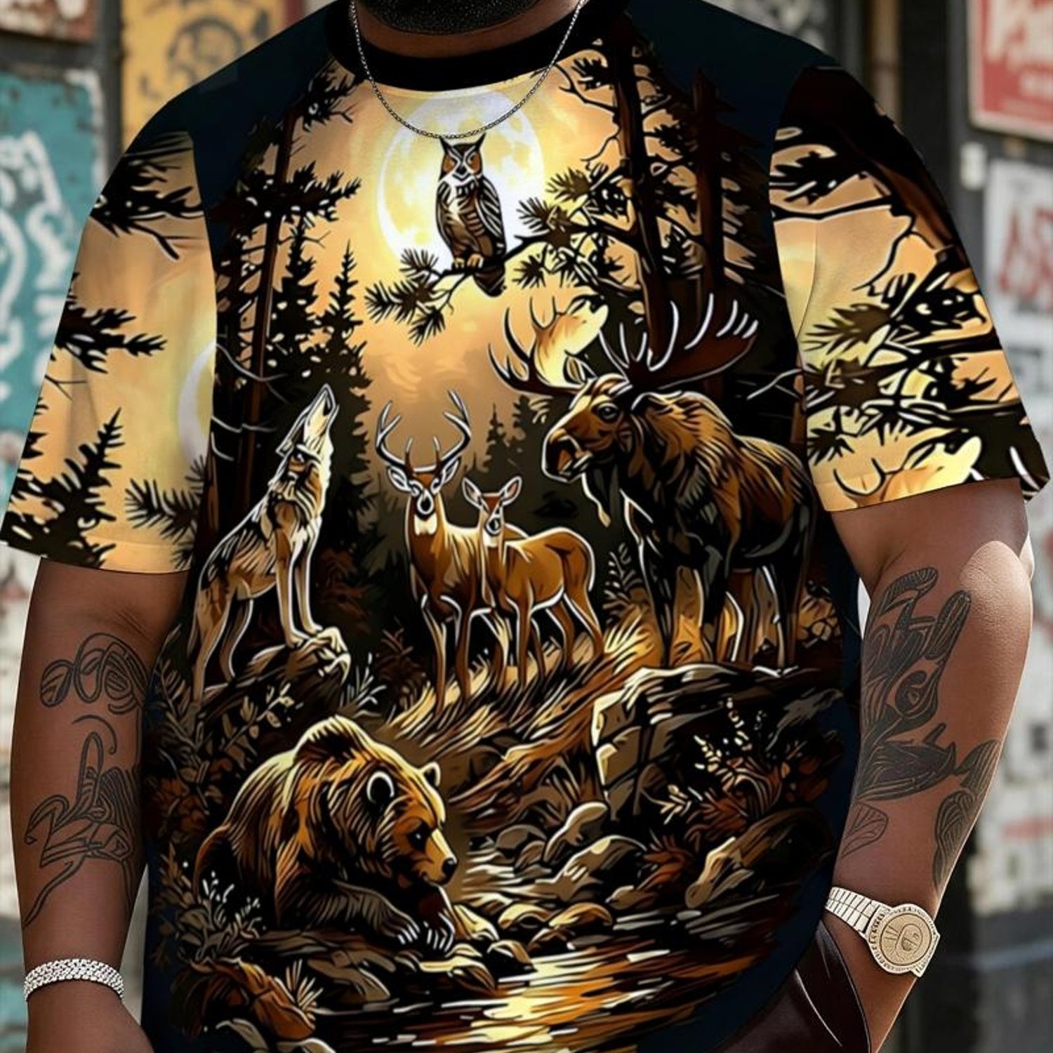TEMU Plus Size Men's T - Shirt, Forest Wildlife Graphic Design,, Mixed Color, Multiple Specifications Available, Suitable For Daily Wear, Night Out,