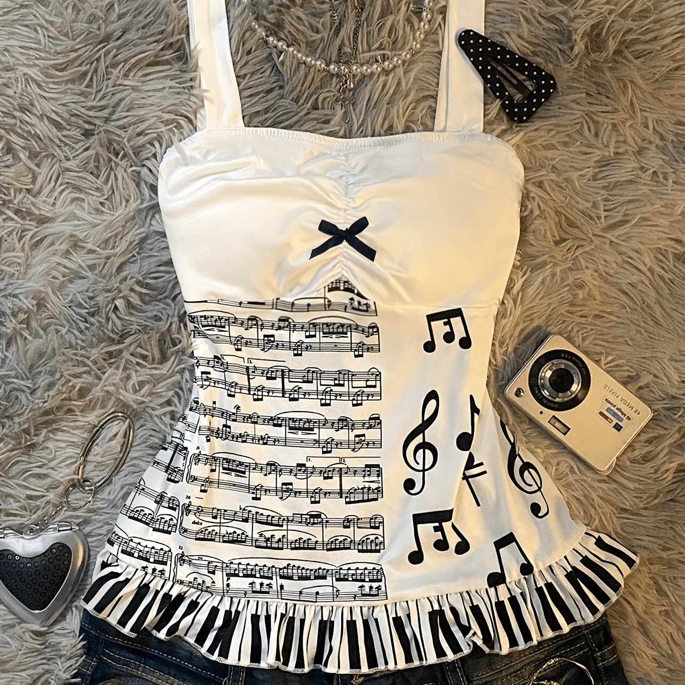 TEMU Women's Slim--cinching Top With Musical Note Print And Ruffle Hem