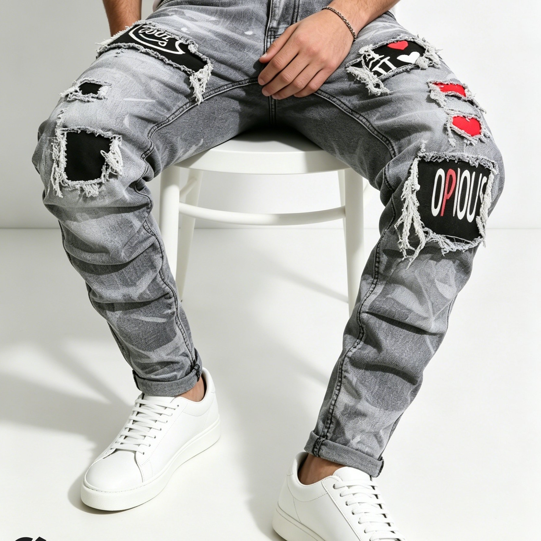 Image of [hme] Smoky Grey Fashion Jeans For Men, Hip-hop Street Style, -, Vintage Washed Distressed Ripped And Patched Details, Suitable For , Built-in Ykk Zipper Closure, Fashion Denim Pants For Men