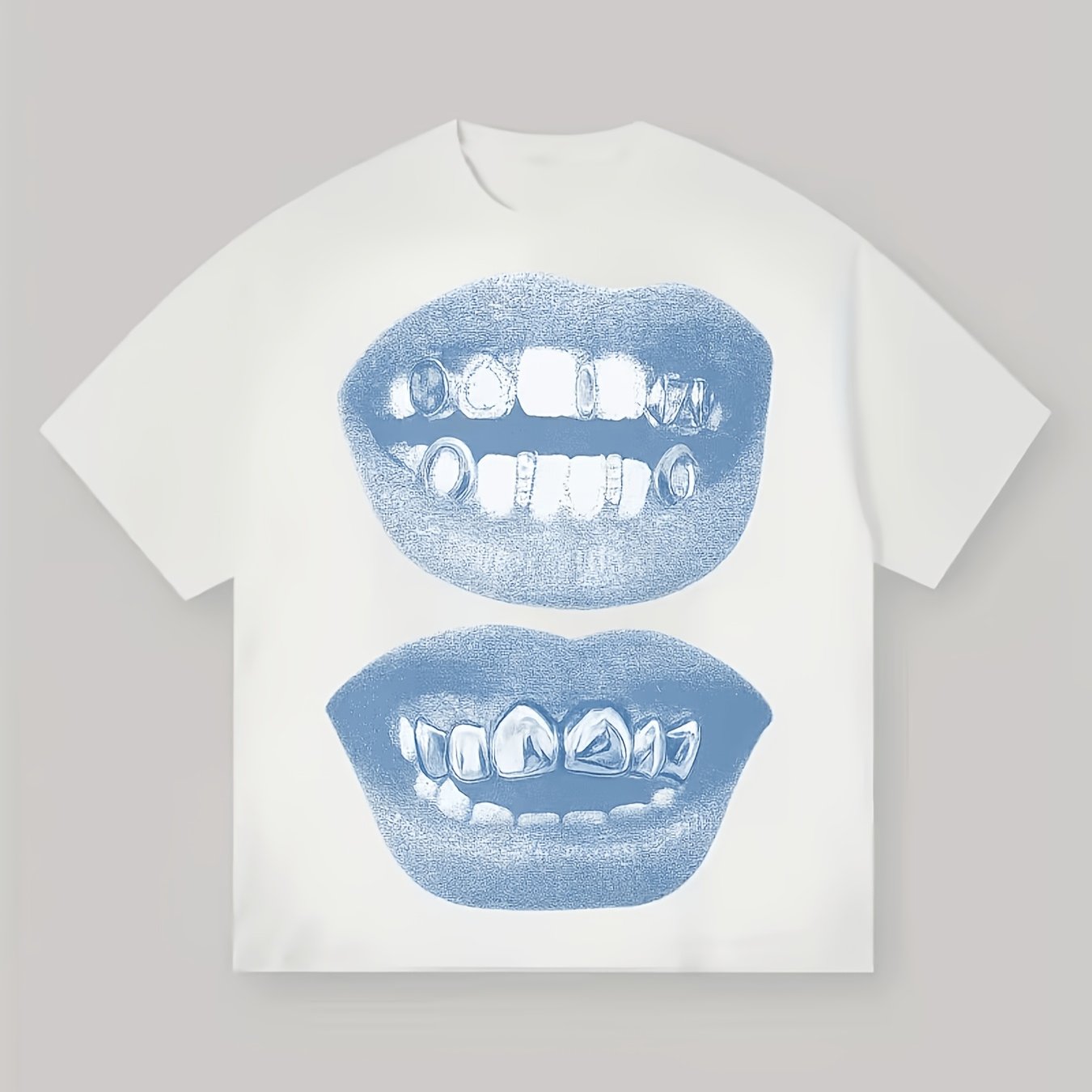 TEMU Crew Neck T-shirt White Regular Mouth Print With Teeth And Braces Street Style Casual Wear Summer And Spring Unisex For Teens