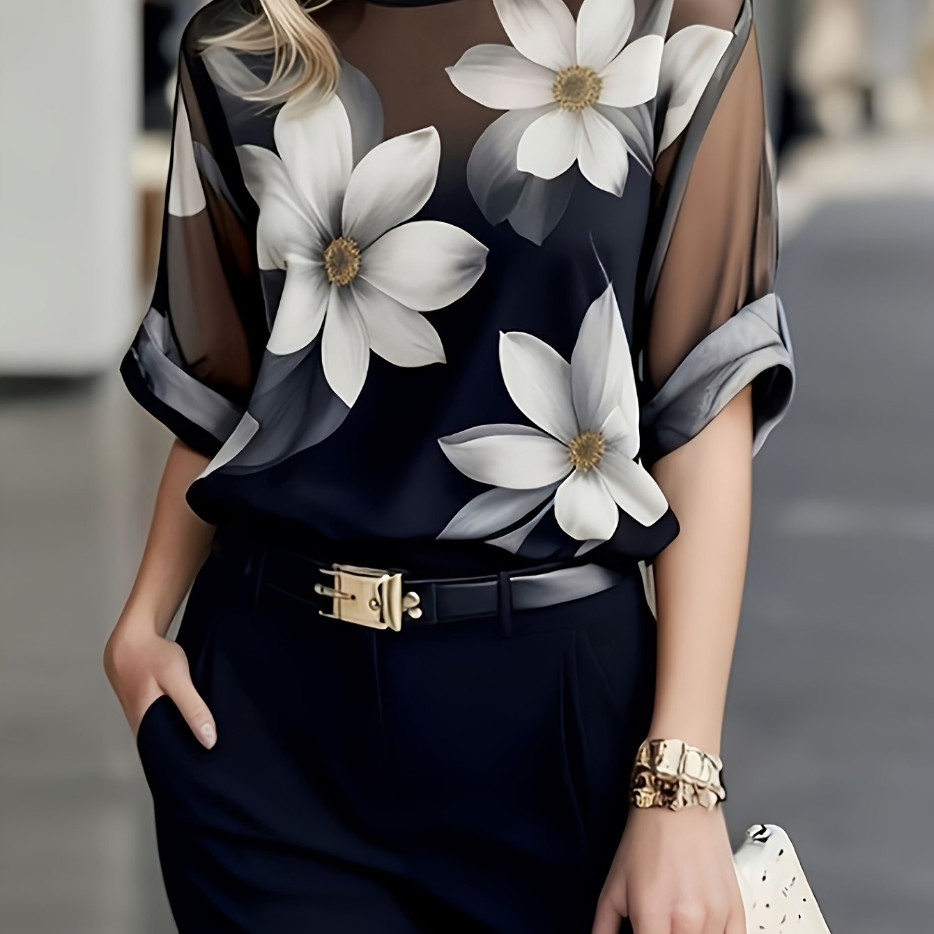 TEMU Plus Size, Women's Sheer Mesh Blouse Top With Semi-sheer Floral T-shirt - Loose Fit Round Neck Short Sleeve Shirt Suitable For Office Workwear,