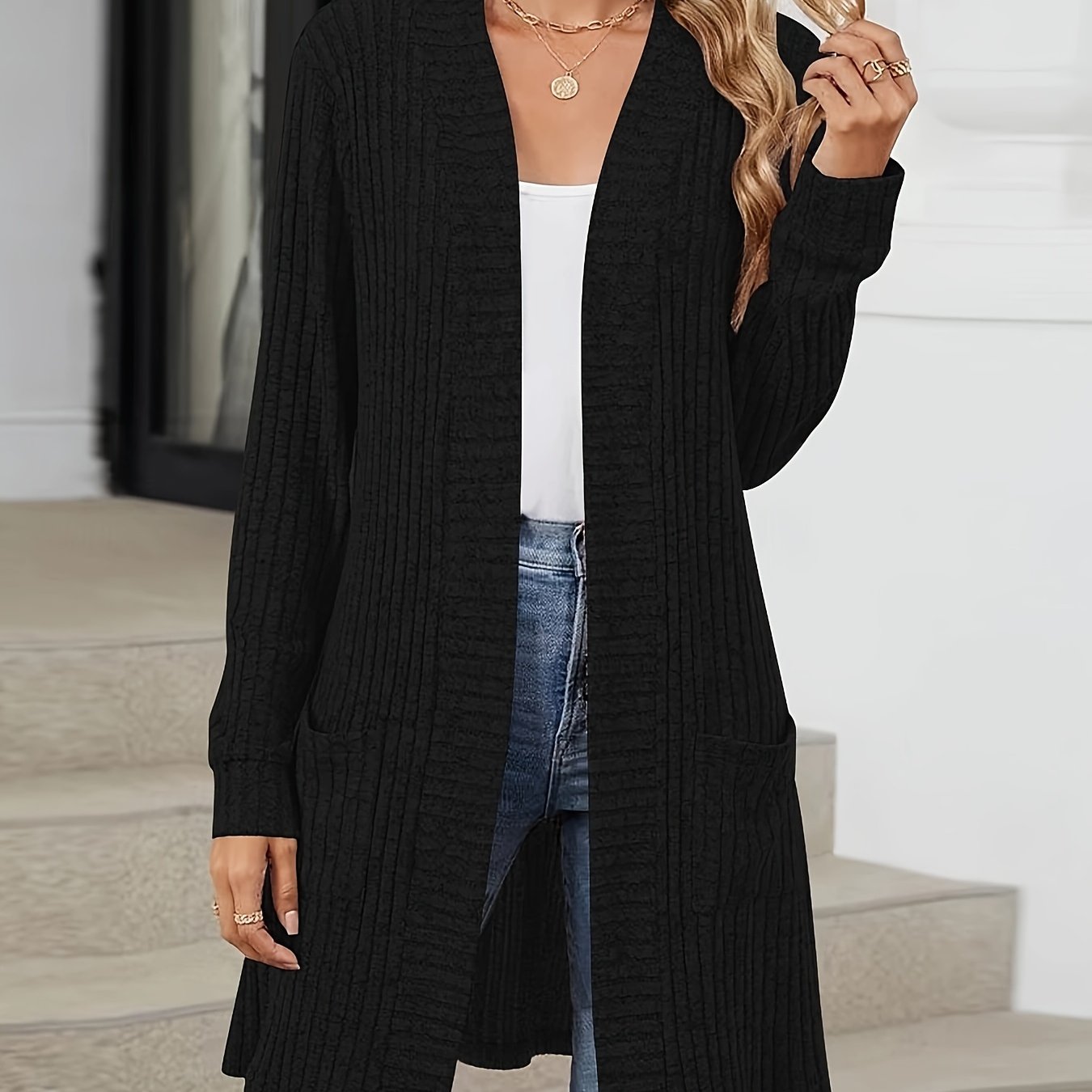 TEMU Women's Casual Long Sleeve Open Front Cardigan - Loose Fit Solid Color Sweater With Pockets, Machine Washable Fall Winter Layering Essential,