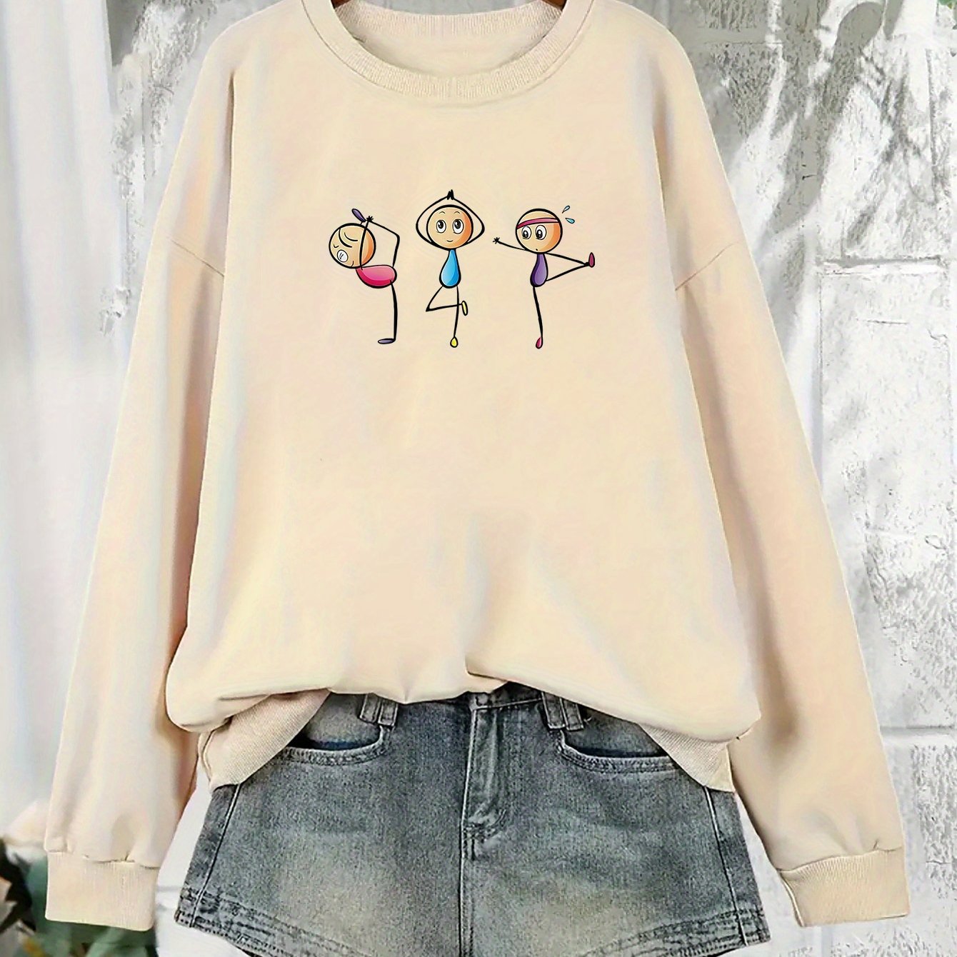TEMU A Cute I Pattern Print Fleece-lined Crew Neck Sweatshirt, Women's Fleece-lined Crew Neck Sweatshirt, Casual Sports Crew Neck Sweatshirt,