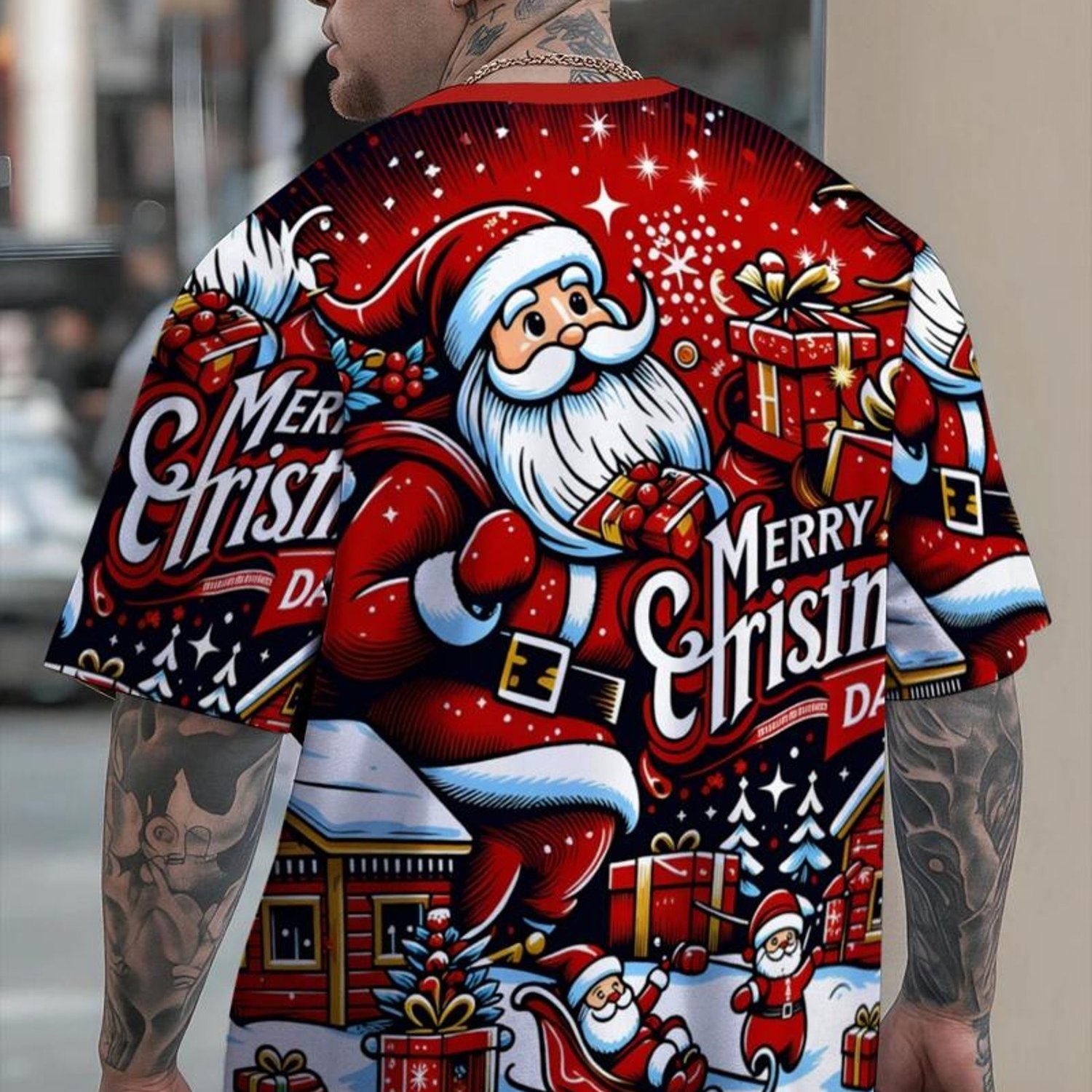 TEMU Plus Size Men's Christmas T-shirt, Multiple Sizes/colors, Santa And Gifts Print, Festive , , Ideal For Christmas Celebrations And Casual Wear