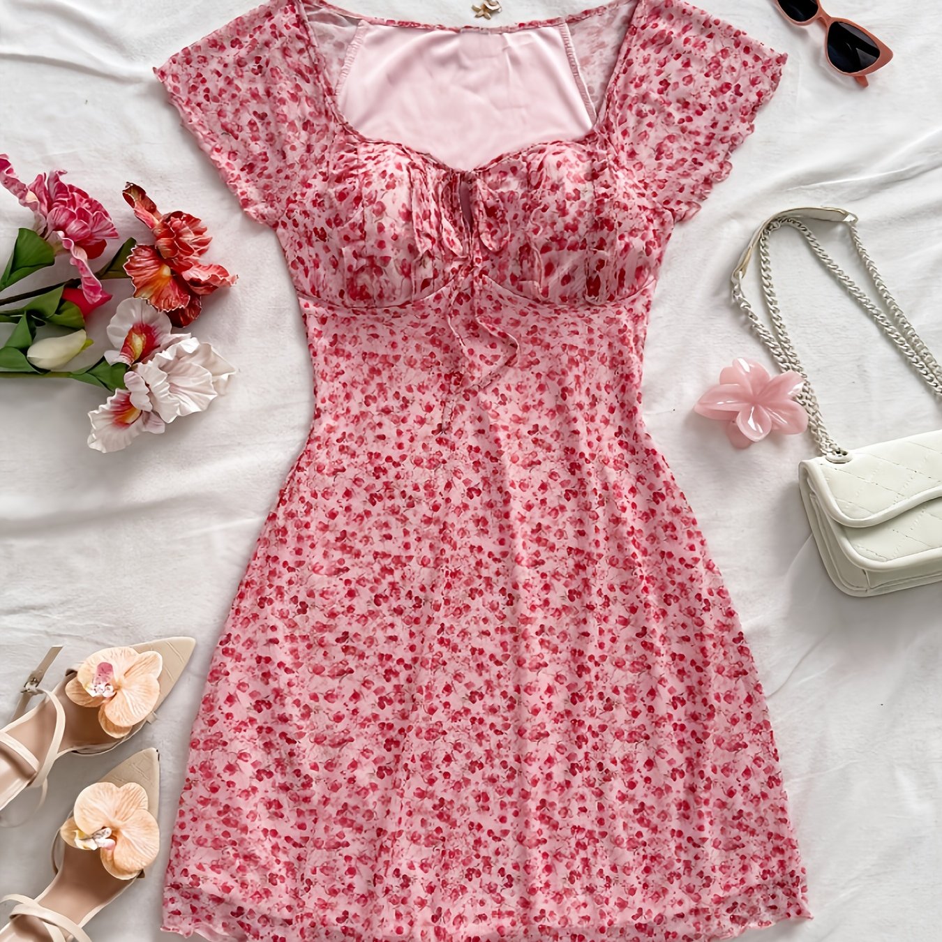 E-shop Elegantes Kleid, Damenbedrucktes Kleid, Damenkleid in Blumenstil, geeignet als Abschlusskleid, Partykleid oder Sommerrock