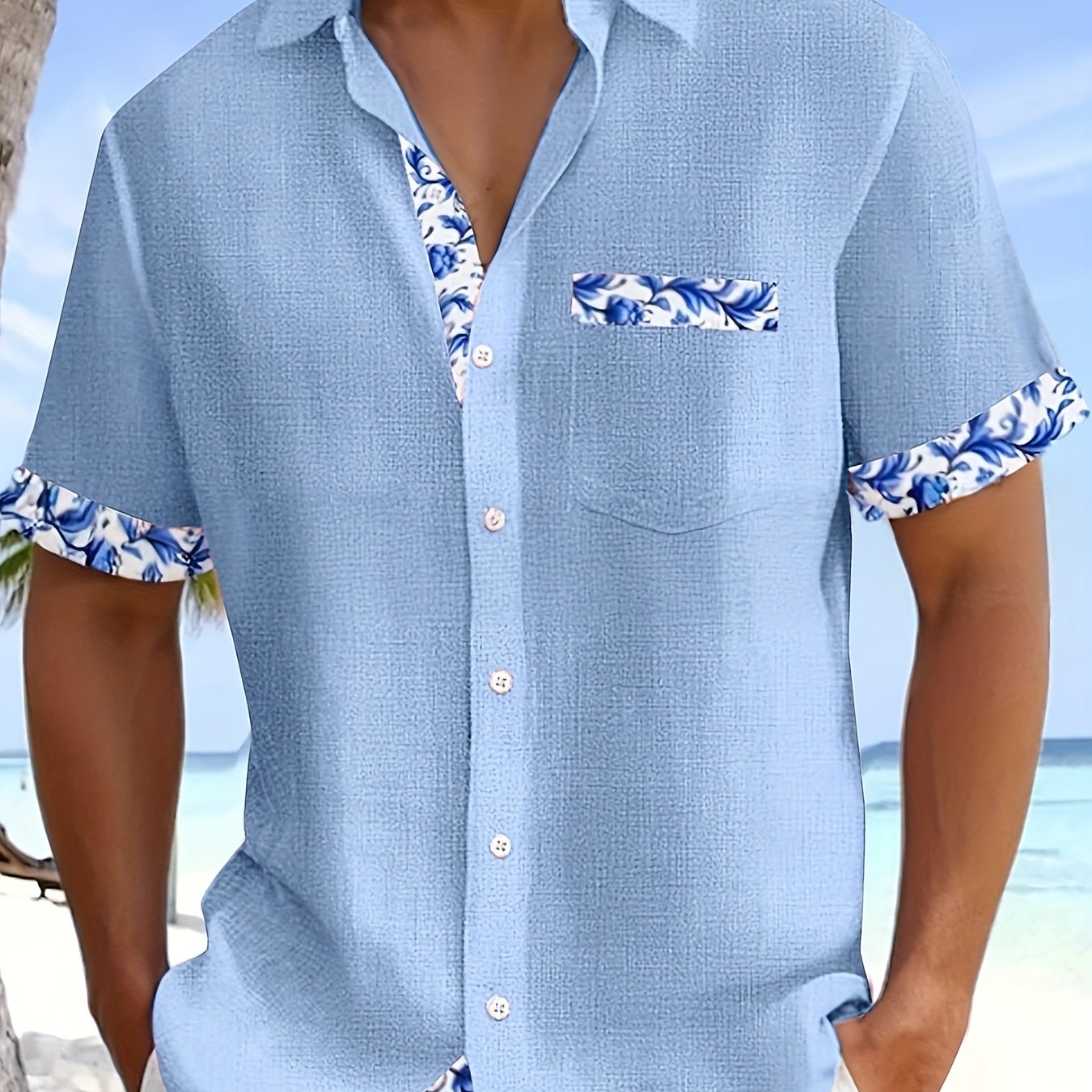 Image of Men's Fashion Floral Print Lapel Short Sleeve With Chest Pocket Casual All-match Shirt 0244c