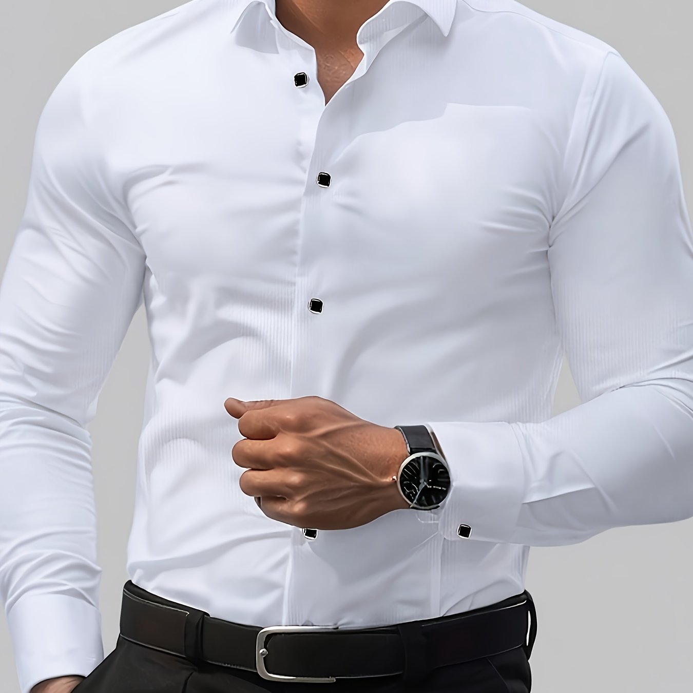 TEMU Men's Slim Fit Elegant Black Long Sleeve Button- Shirt - Lightweight Fabric, Smooth Texture, Suitable For Casual And Formal Occasions, Elegant