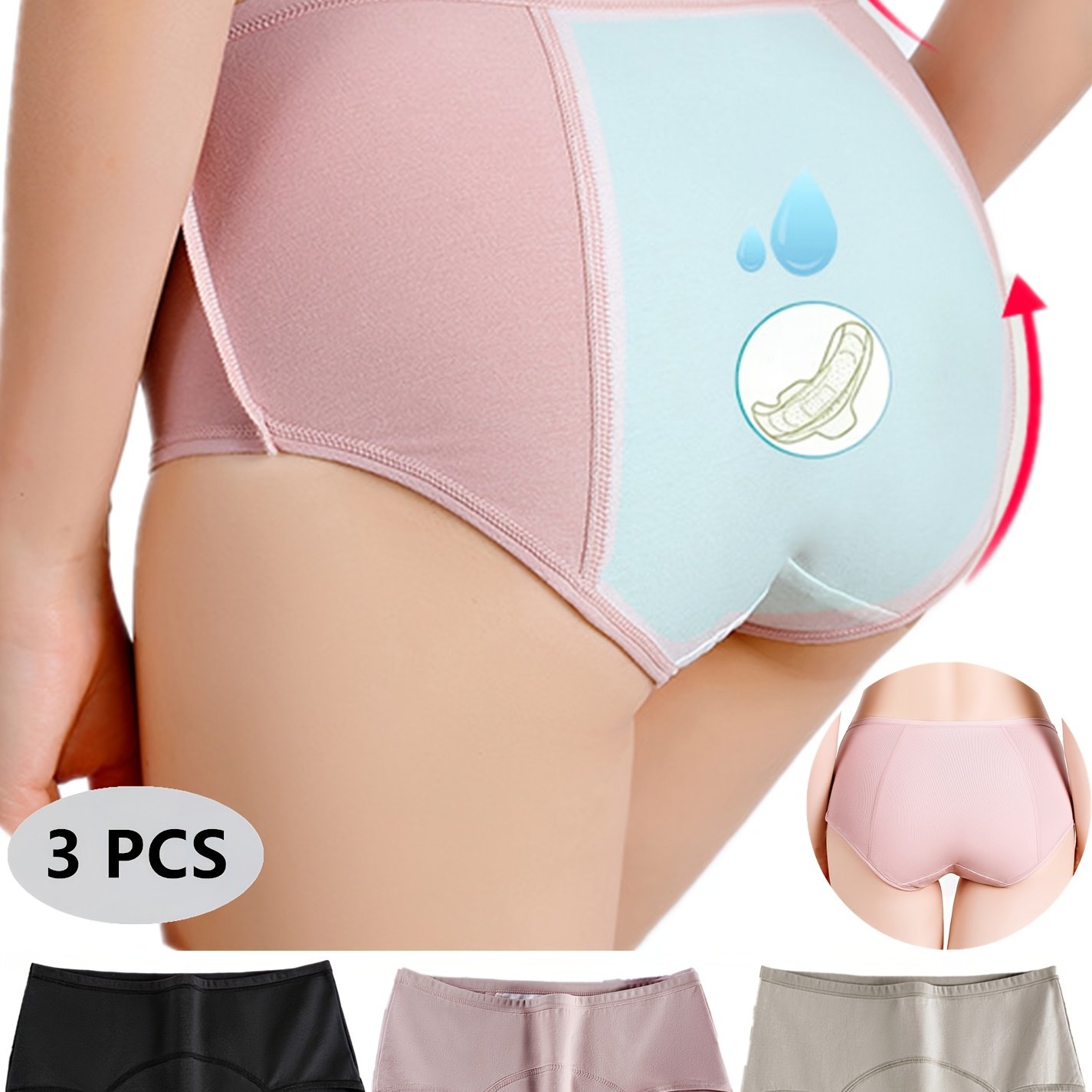Image of 3pcs Women's Period Shorts - Comfortable, Breathable, Leak-proof Design, Suitable For Menstrual Hygiene, Pink, And Options. Menstrual Hygiene Underwear