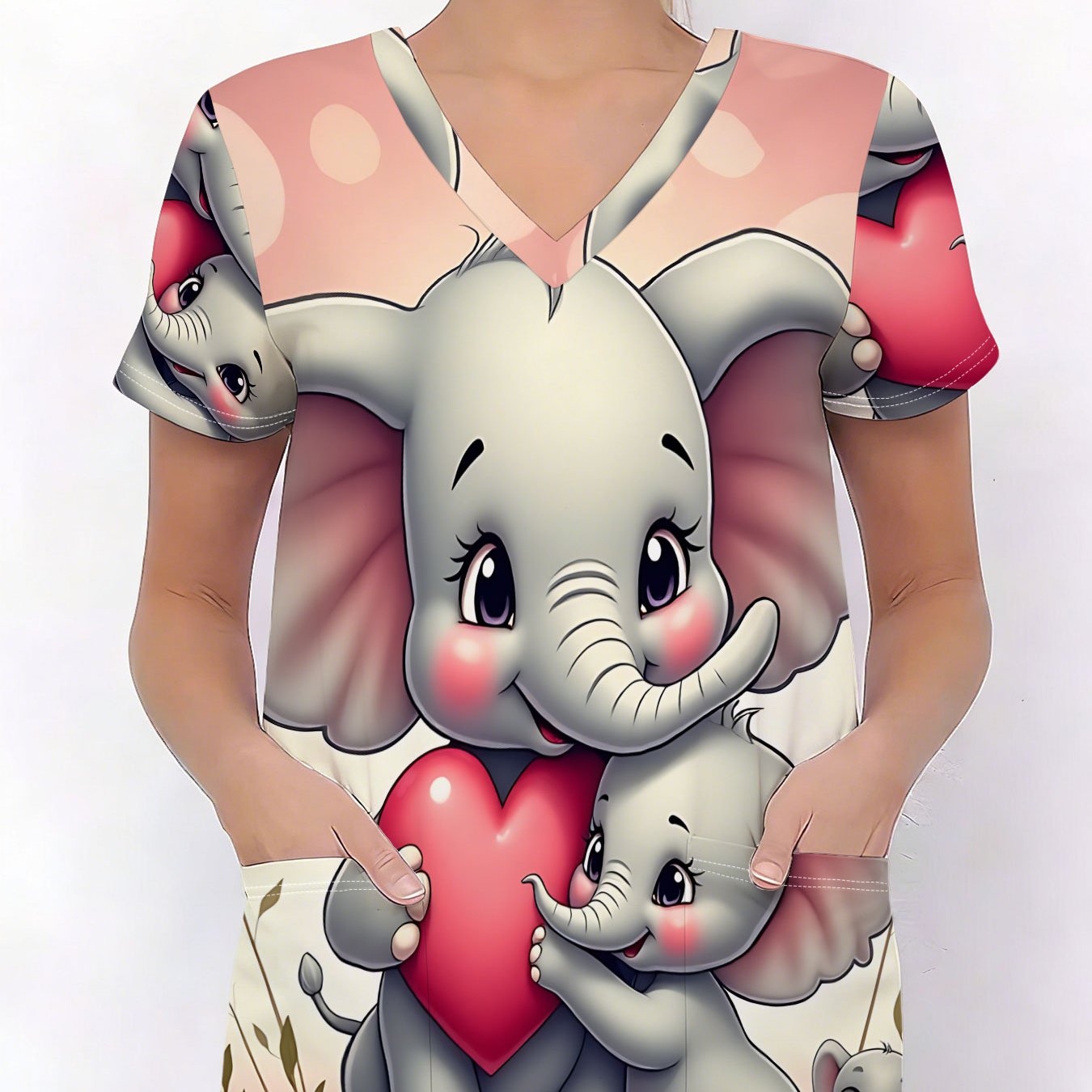 TEMU Print Cute Pink Heart Illustration Women's Stylish Short-sleeve V-neck Top, Casual And Comfortable Nurse Uniform With Pockets, Trendy Scrubs