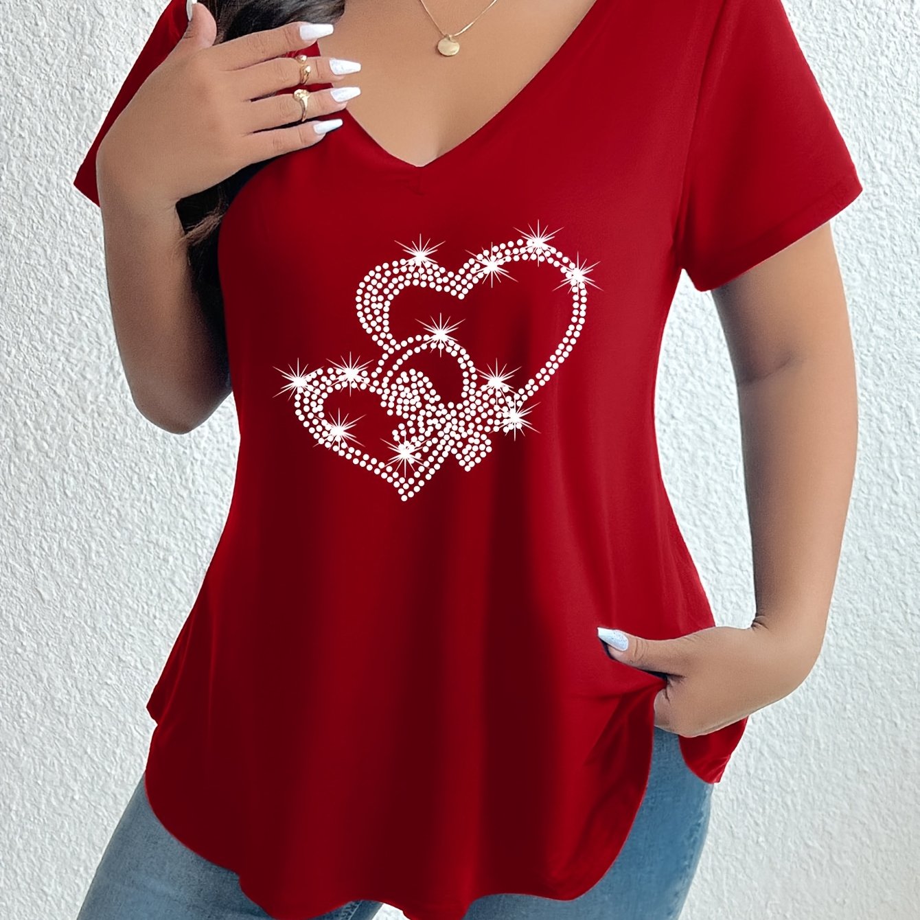 TEMU Plus Size - Plus Size - Plus Size Women's V-neck Solid Color Geometric Pattern T-shirt