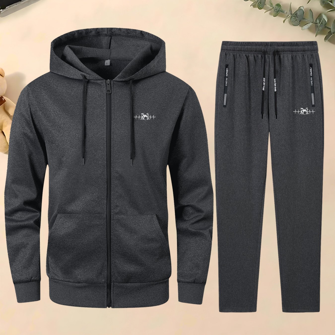 TEMU Men's Trendy Autumn And Winter Jacket Set Featuring Musical Elements, A Casual Sports Outfit For Young Adults