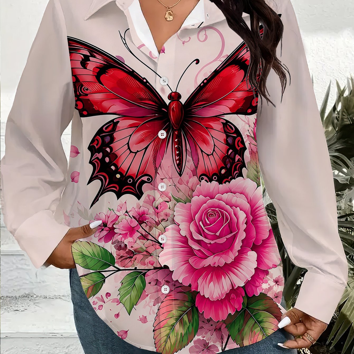 TEMU Women's Plus Size Long Sleeve Button Shirt Rose Print Loose Fit Casual Blouse Lightweight Breathable Fashion Top For Daily Wear 1xl-9xl Women's