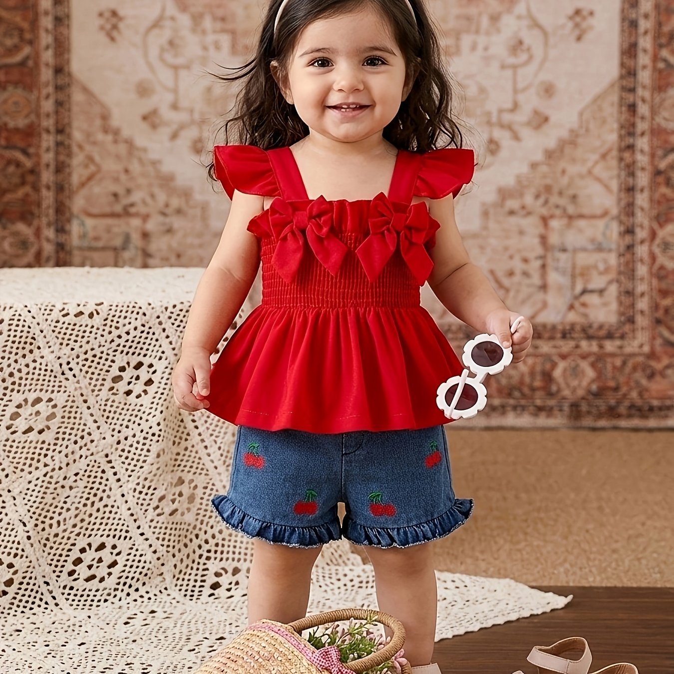 Summer Baby Girls Sweet Cool Backless Smocked Double Bow Flutter Sleeve Thick Strap Babydoll Top With Cherry Embroidery Denim Shorts Two-piece Casual Outfit For Kids Clothes, For Outdoor