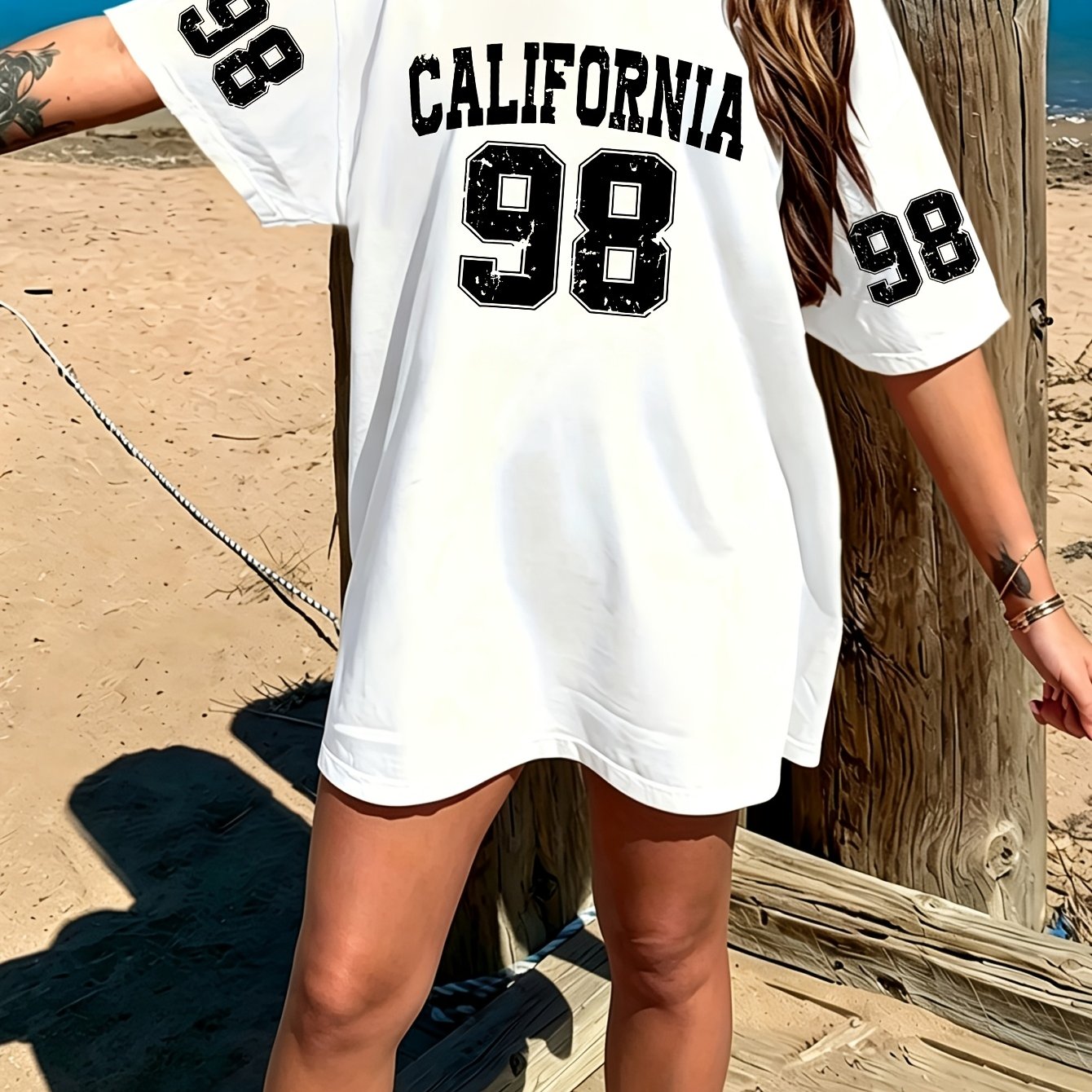 TEMU Ladies Plus Size Leisure Sports Digital 98 Printed T-shirt, Loose Version, Machine Washable, Ladies Summer Casual Loose Street Tops