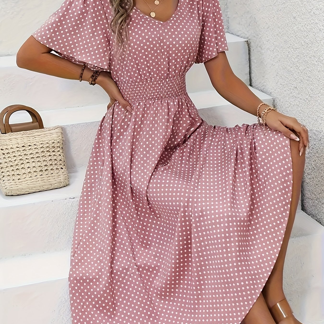 TEMU Stylish Pink Polka Dot Midi Dress For Ladies - Casual V-neck, Sleeves, Fitted Waist Design, Made From Lightweight, Ideal For Spring And Summer,