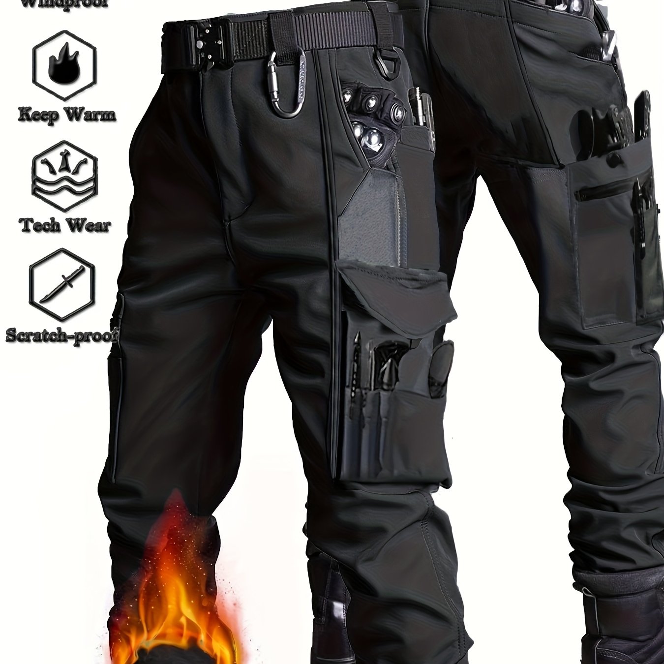 Image of Winter Outdoor Men's Sports Trousers Wear-resistant Multi-pocket Fleece Pants Multi-functional Training Pants Tear-resistant Camping Hiking Trekking Adventure Pants Without Additions