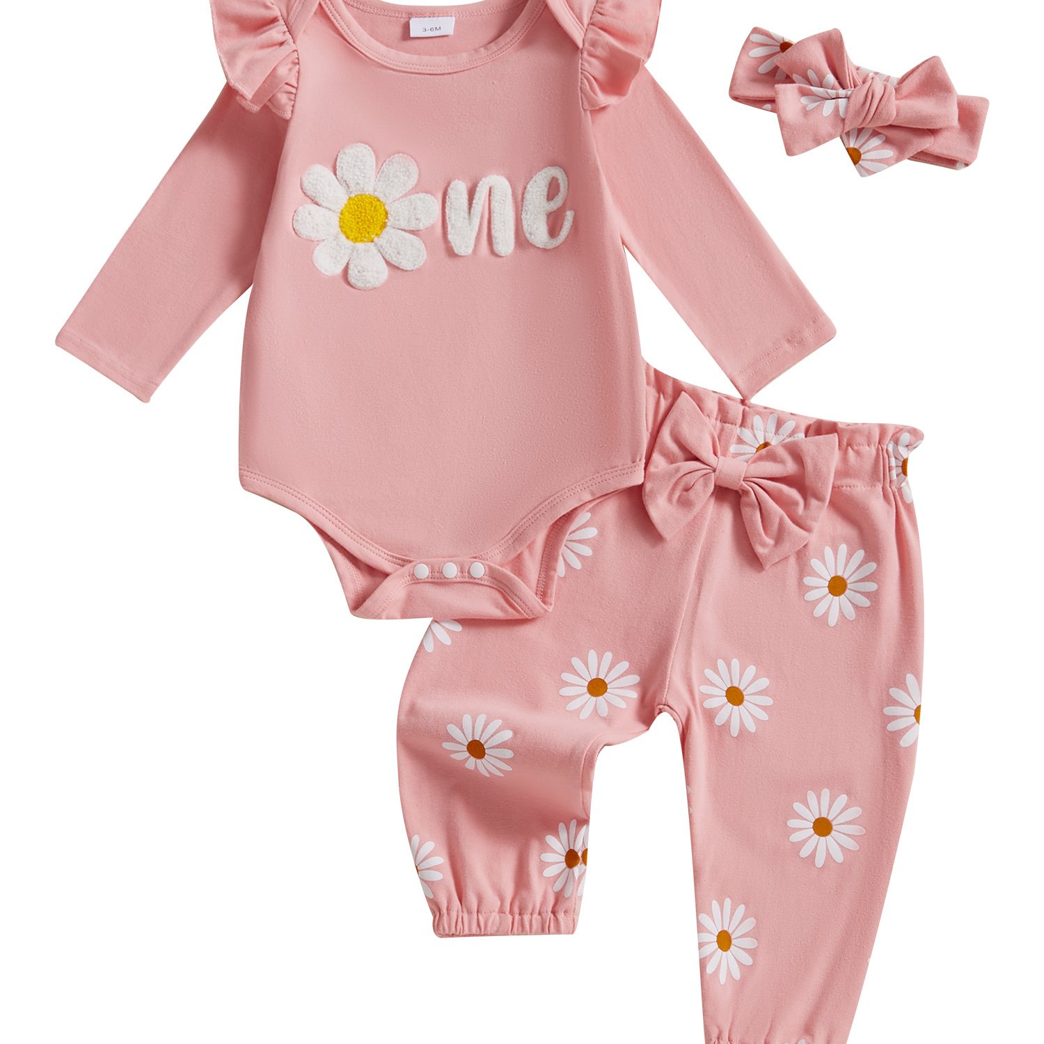 Image of 3pcs Toddler Girl' 1 Birthday Outfit - Birthday Letter Embroidery & Flower Dress With Matching Pants & Headband - Cute Girl Clothing For Photo Shoots, 3pcs, Perfect For Outdoor