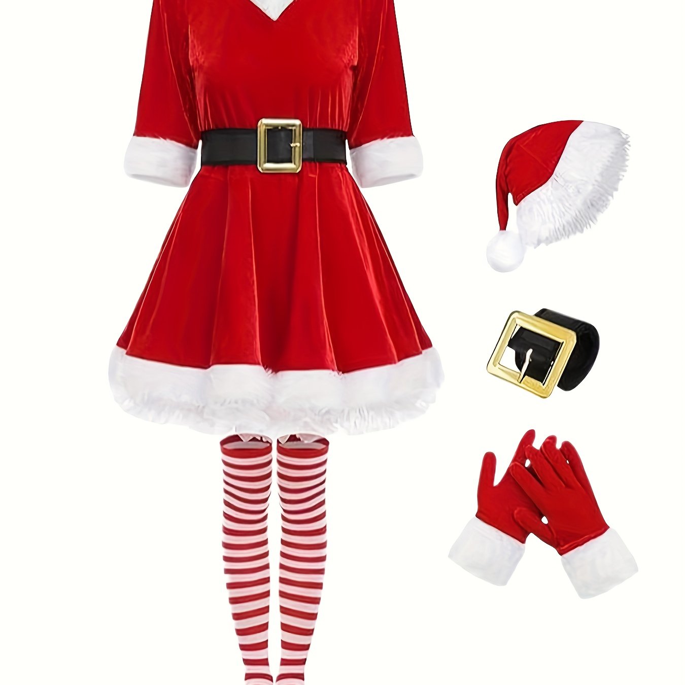 TEMU 5pcs Female Christmas Costume Suitable For Performance, Role-play & Holiday Parties - Elegant Retro Short Dress With Belted Waist & Short,