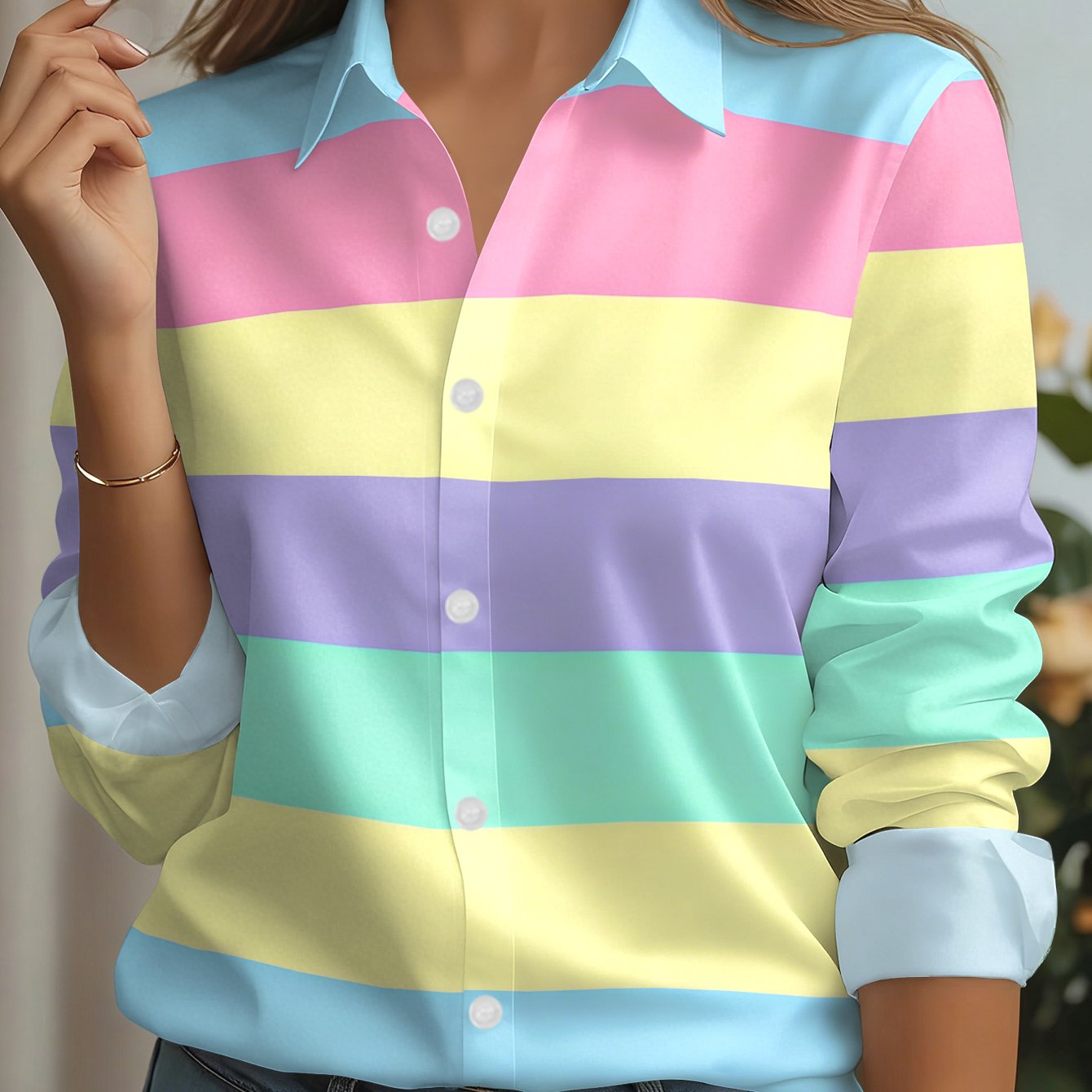 TEMU New Women's Long-sleeve Shirt With Soft- In Alternating Blue, Pink, Yellow, Purple, And Green. A Versatile Commuting And Casual Top, Machine