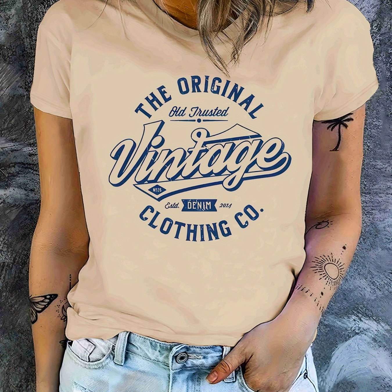 TEMU Vintage Print T-shirt, Short Sleeve Crew Neck Casual Top For Summer And Spring, Women's Clothing