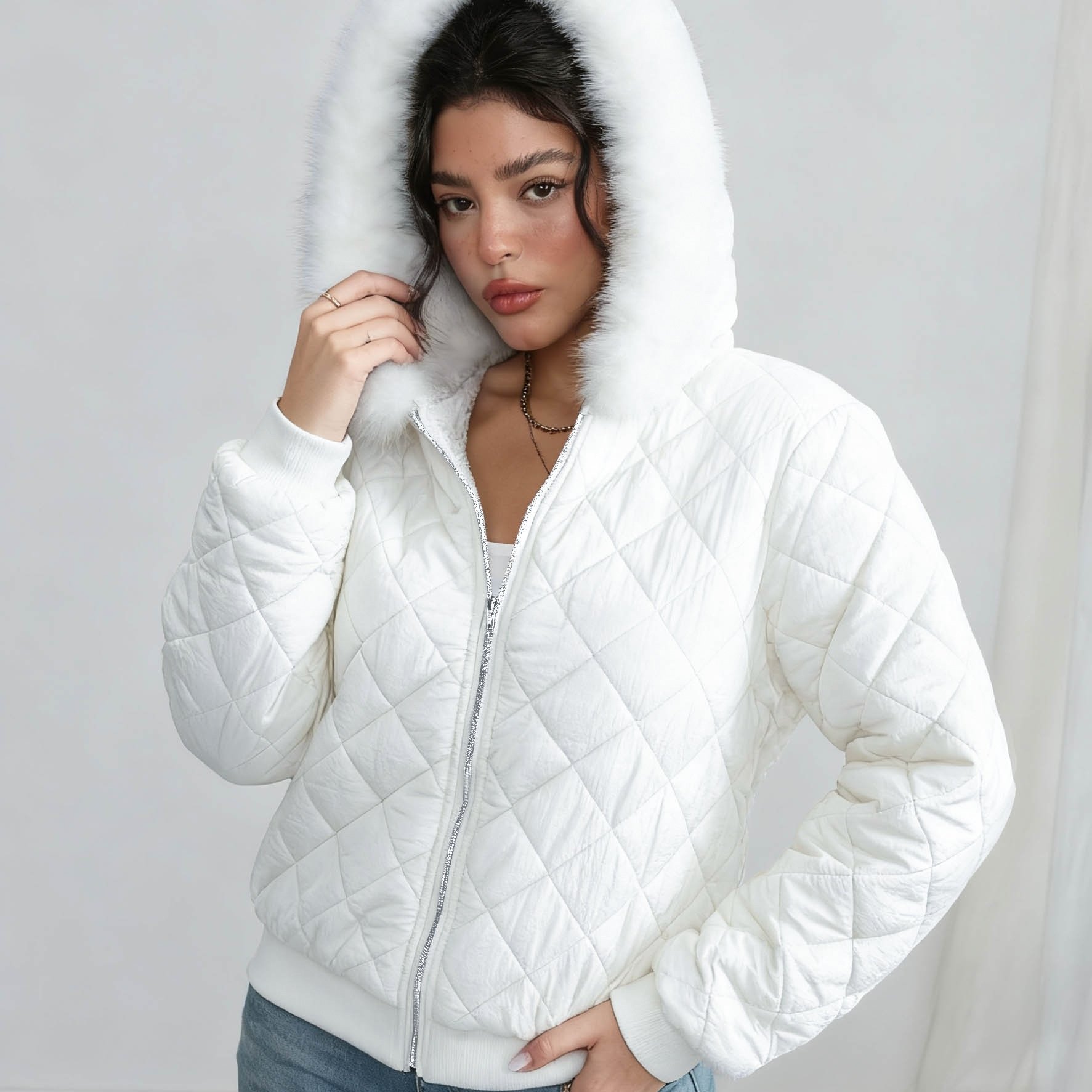 Image of Solid Color Hooded Casual Warm Jacket