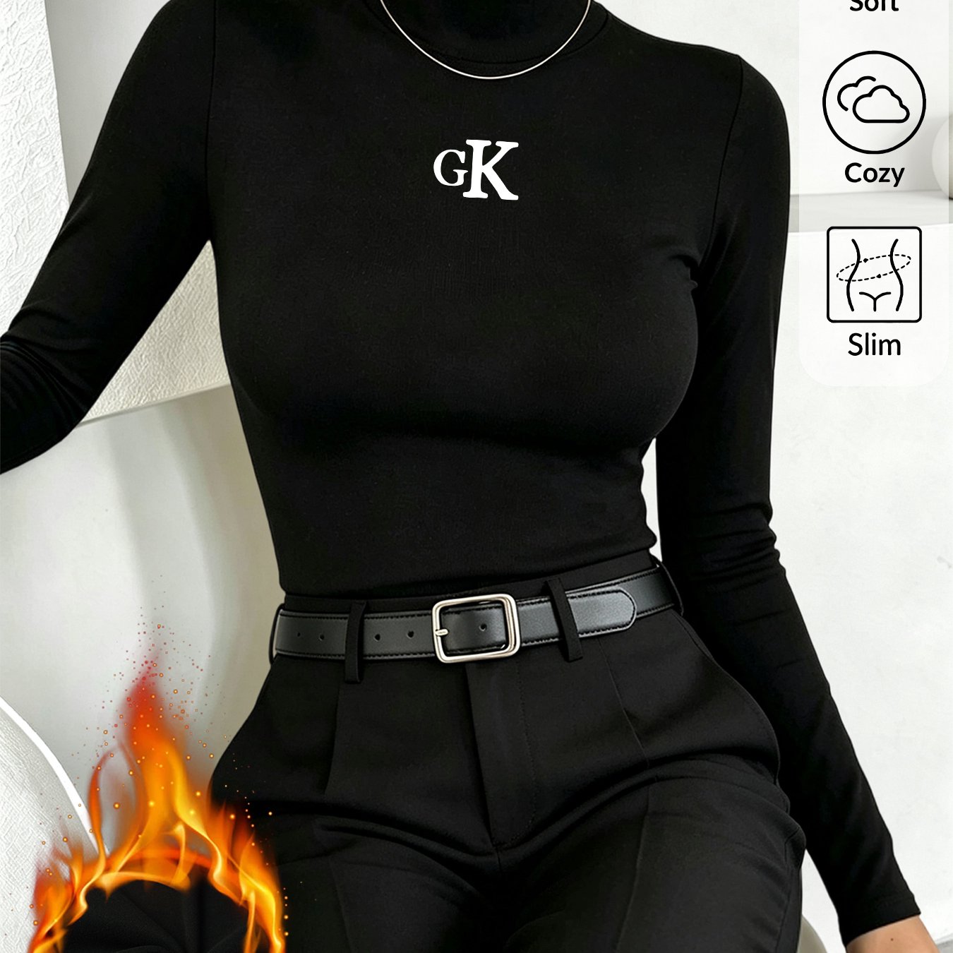 TEMU Women's Easy Gk Letter Logo Printed Semi-high Neck Base Layer Top, Minimalist Statement Low-key Restrained Fit Suitable For All Industries And