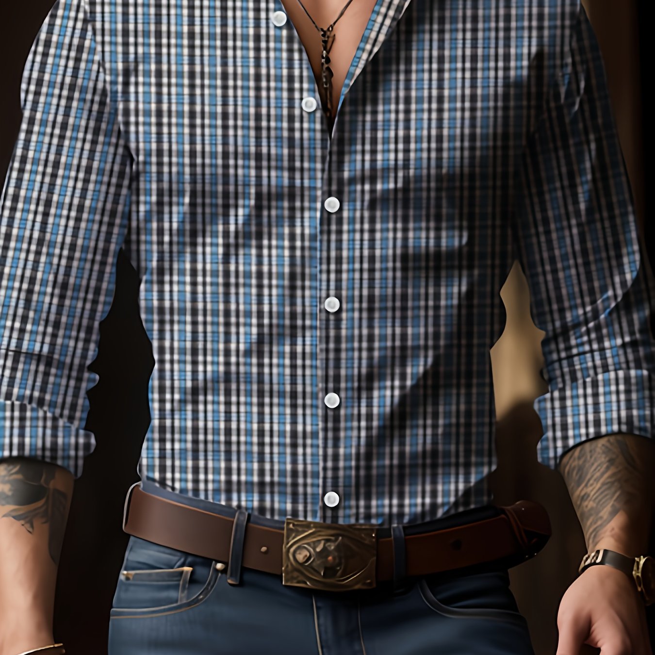 TEMU Men's Dress Shirt, Blue Black Checkered