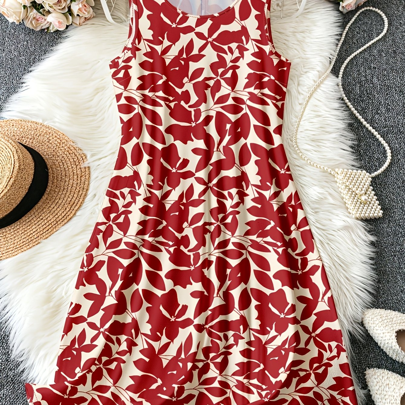 TEMU Abito estivo da donna taglie forti con stampa vegetale, e senza maniche, vestito casual e casual