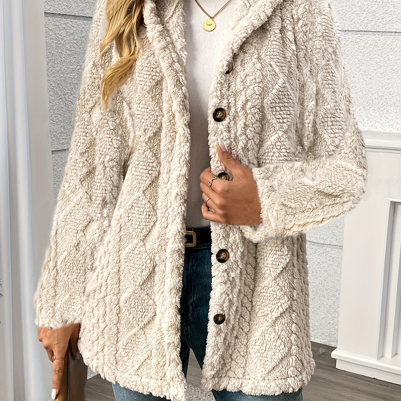 Women's New Elegant Diamond Pattern Side Decorative Button Wool Teddy Bear Coat Hooded Jacket Warm Outerwear