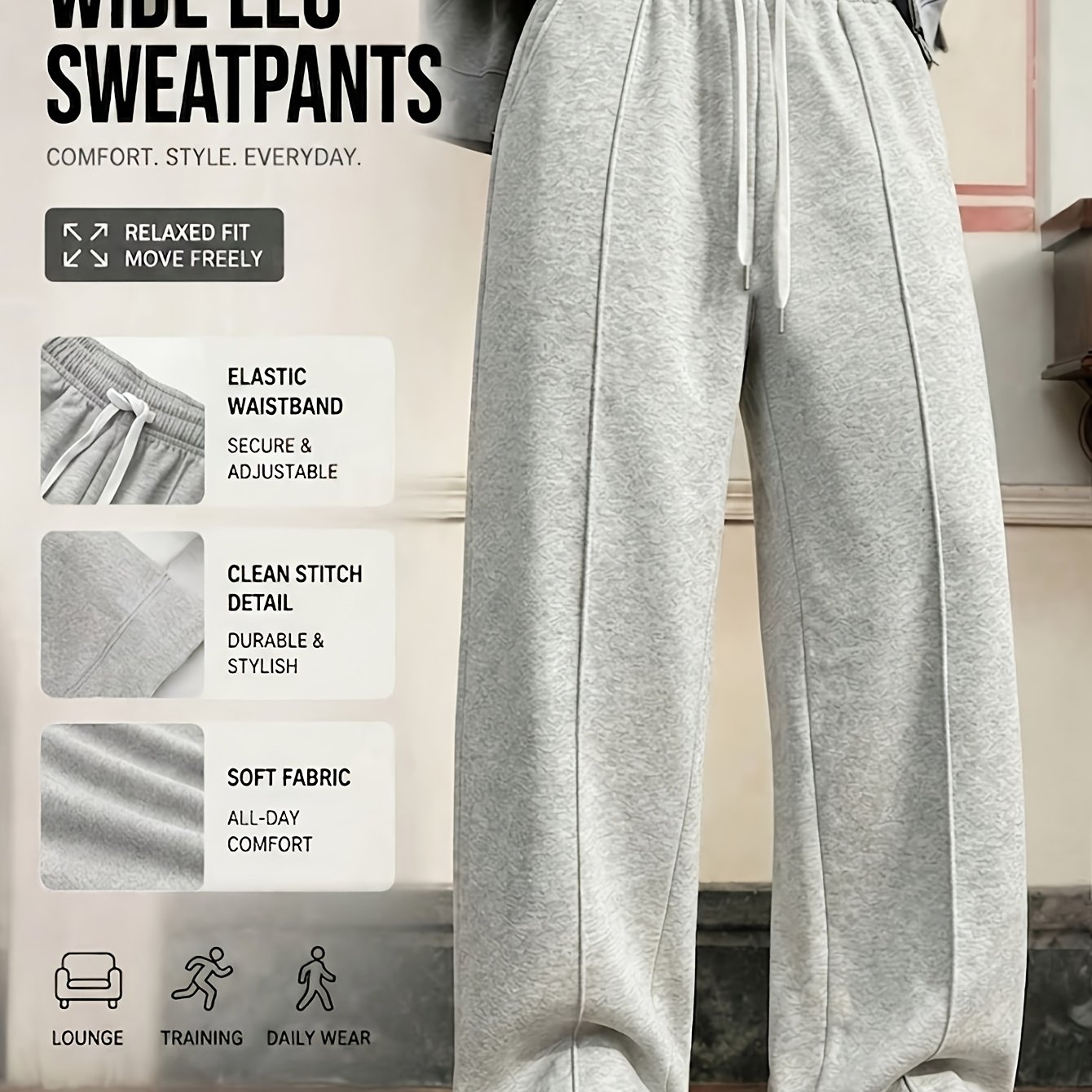 TEMU Men's Easy Solid Color Straight-leg Athletic Pants - With Drawstring Elastic Waist And Side Pockets, Made Of Soft Comfortable Fabric, Loose Fit,