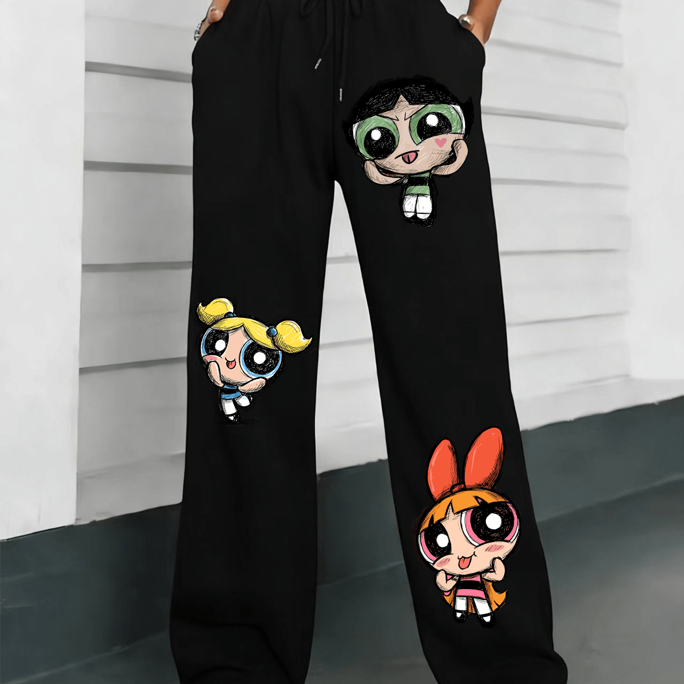 TEMU Powerpuff Hand-painted Trio Printed Personalized Cartoon Printed Casual Pants Drawstring Elastic Waist, Straight Leg Style And Everyday Wear,