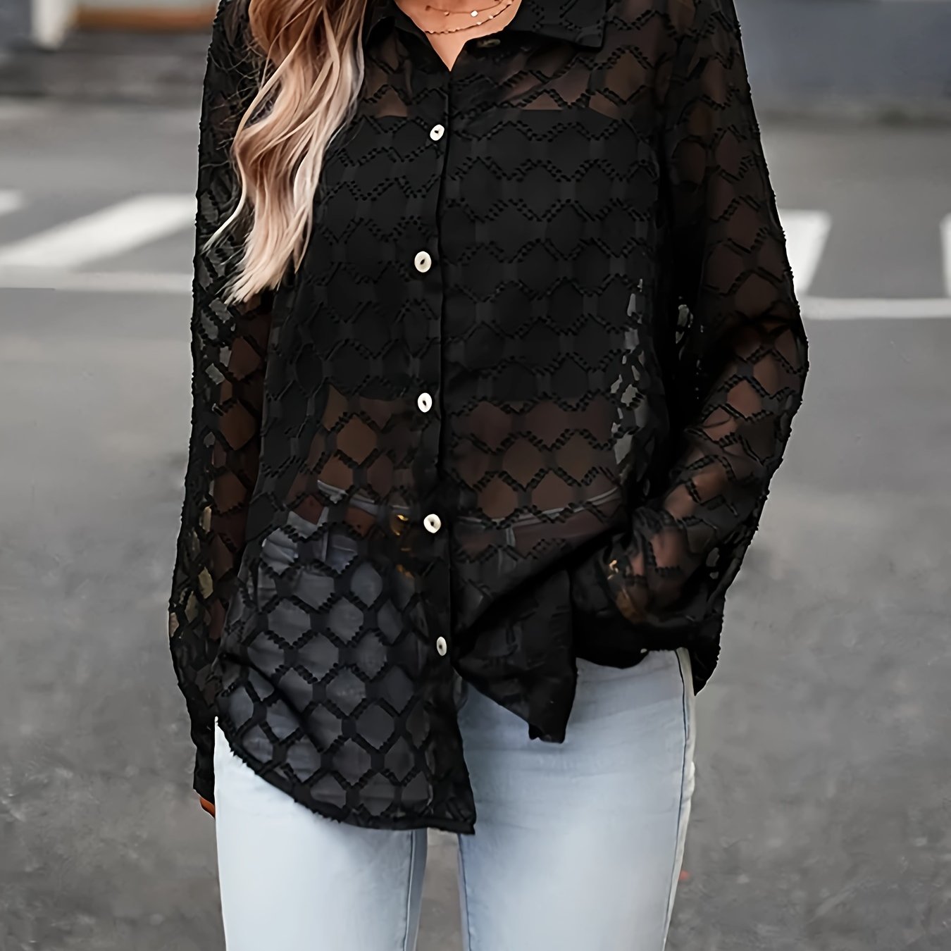 Style Long Sleeve Loose Button Jacquard Mesh Sheer Lapel Blouse