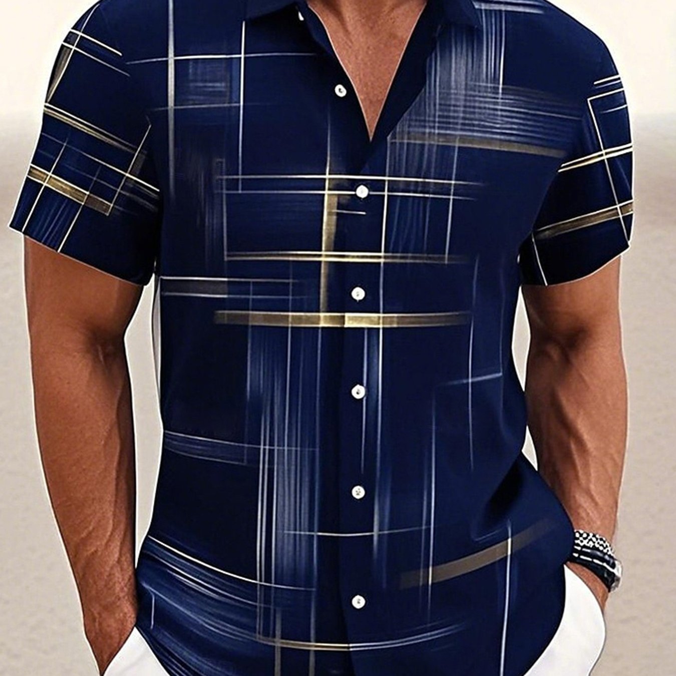 TEMU Men's Navy Blue And Golden Checkered Shirt - Lightweight And Breathable For Summer, Suitable For Formal And Casual Wear, Machine Washable Fabric