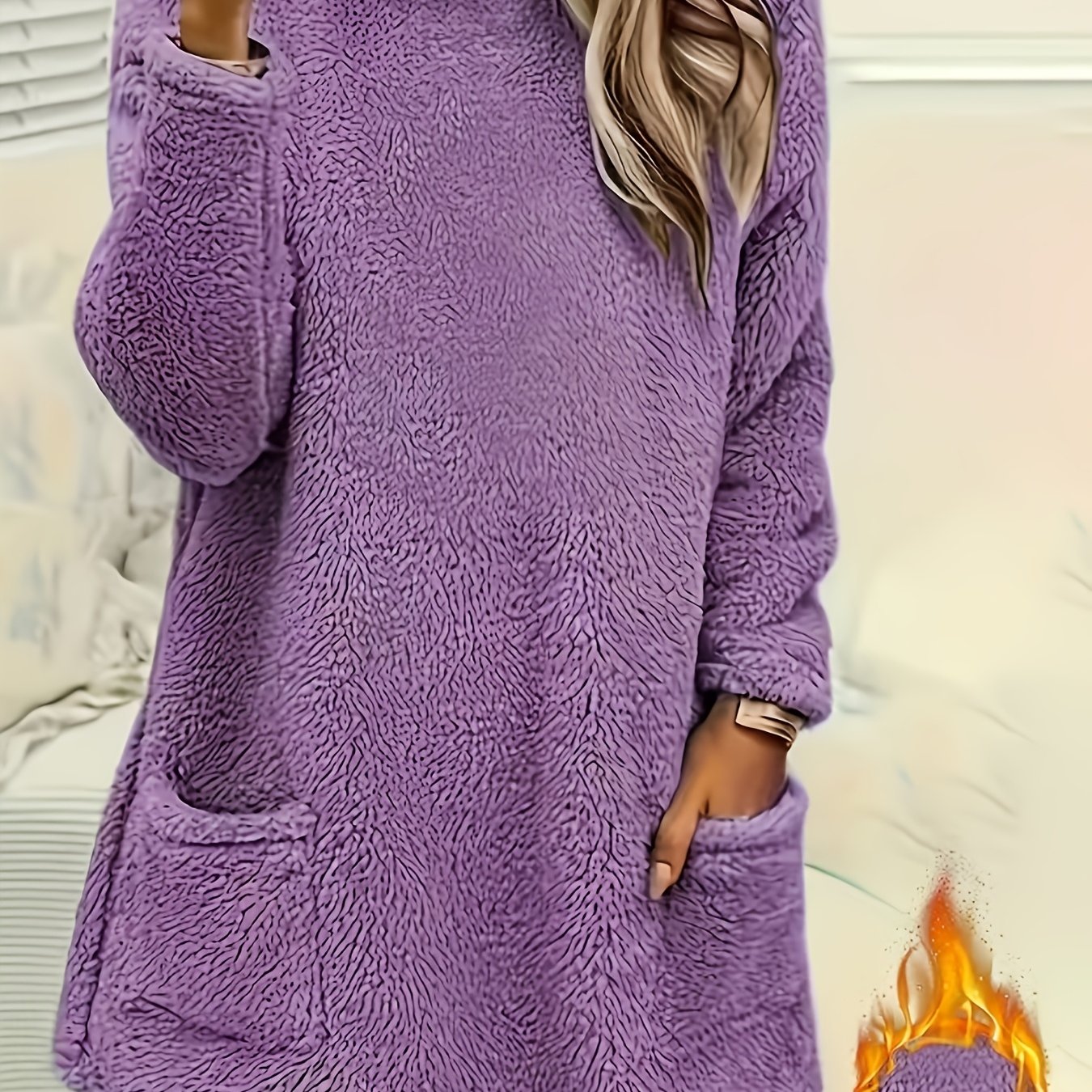 E-shop Damen Plüsch Sweatshirt - Weiches Lila Langarm Pullover mit Vordertaschen, Rundhals Freizeit Pullover für Frühling/Herbst, Alltags- & Formelle