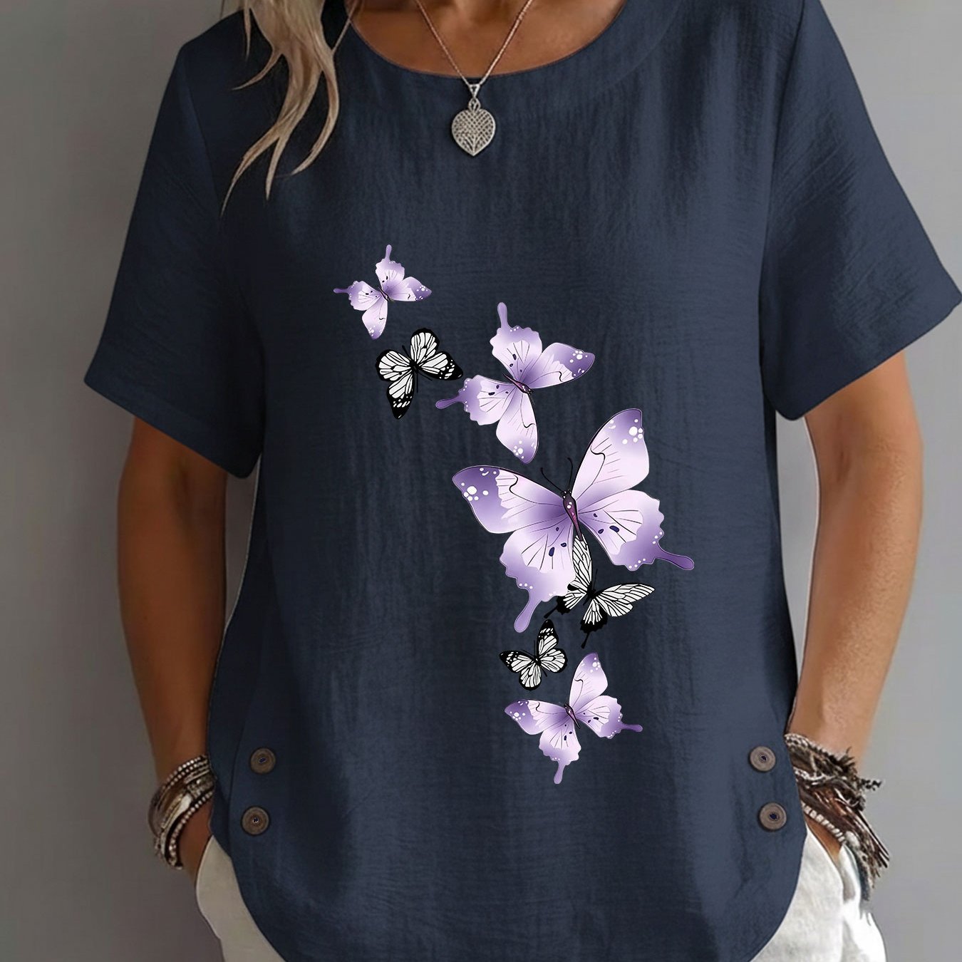 TEMU Spring Summer Women's Top, Style Purple Print Elegant Mature Casual Round Neck Short Sleeve Women's Clothing