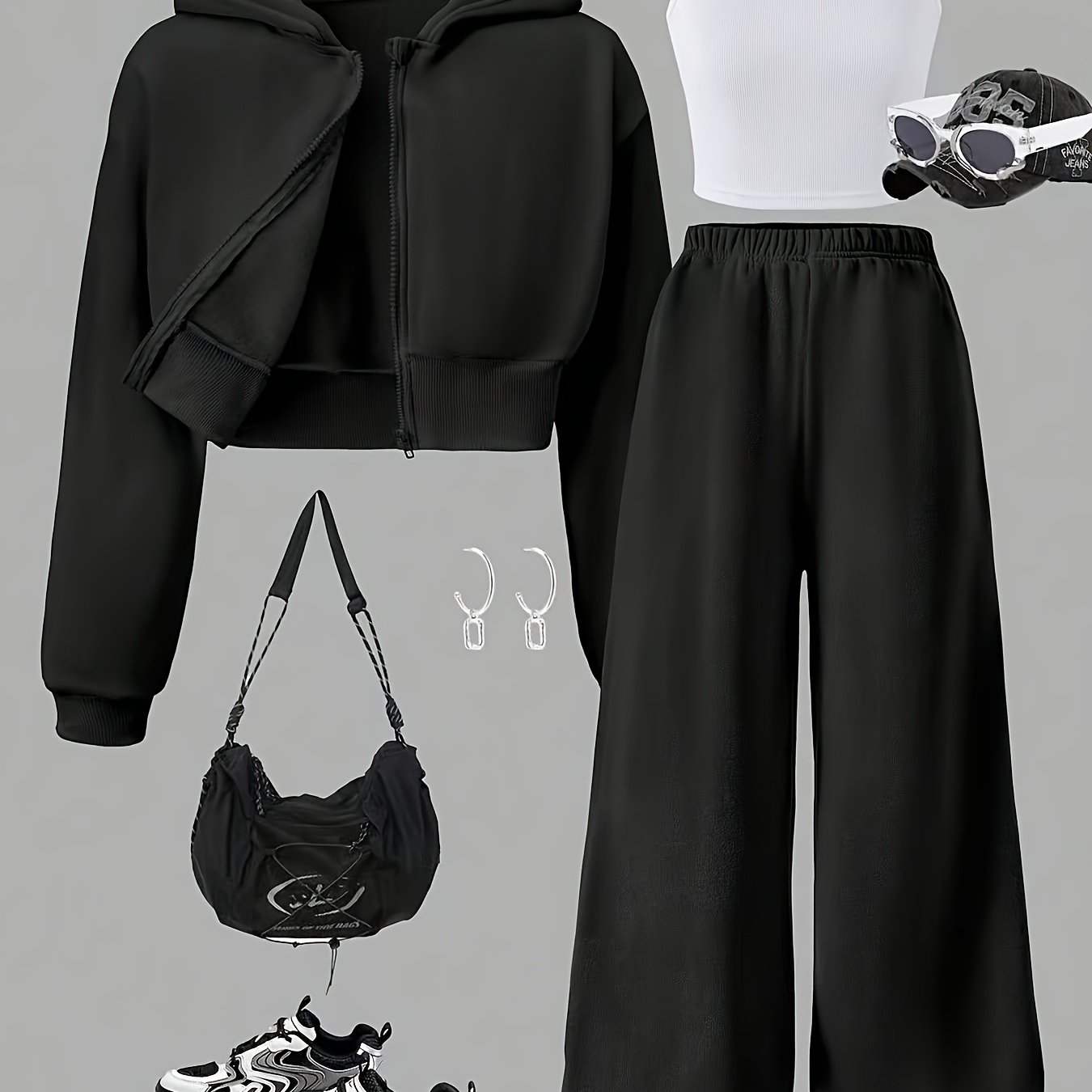 TEMU Teenager's Teen Casual Athletic 3pcs Set, Girls Fleece Hooded Zip-up Top, Camisole And Loose Pants, Suitable For Daily Wear, Commuting, School,