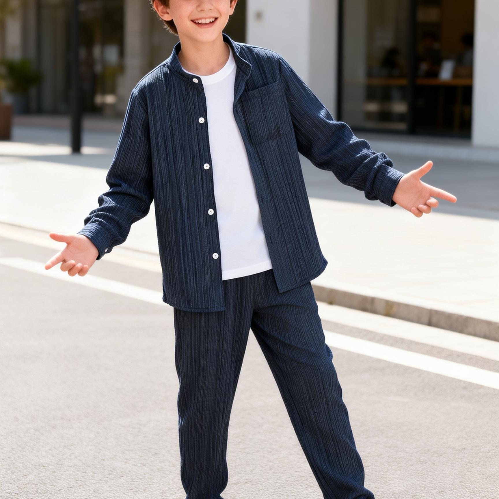 Image of Boys Spring Autumn Casual Solid Color Long Sleeve Cardigan Jacket Top And Elastic Waist Pocket Ankle Pants 2pcs Set, Medium To Large Size, For Outdoor