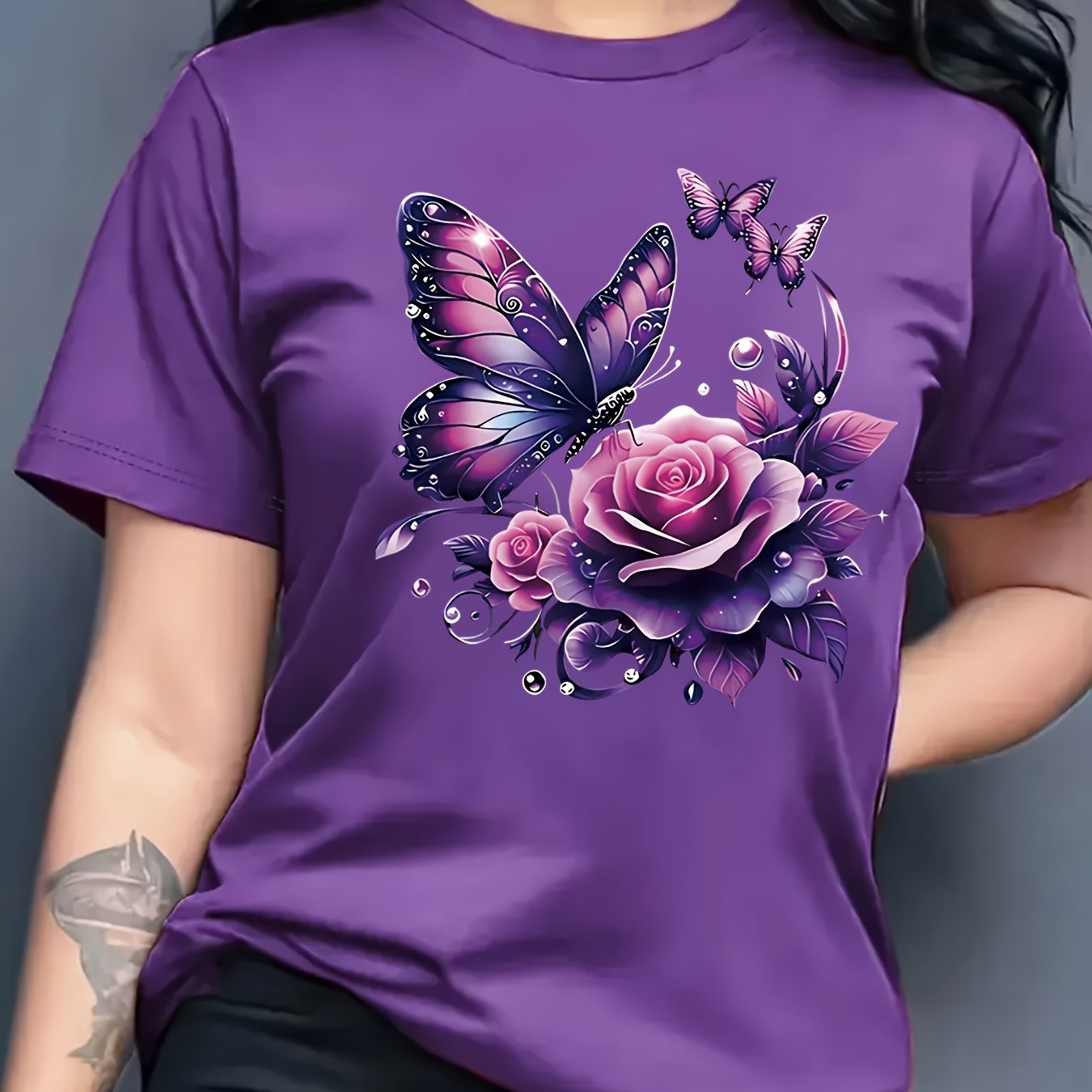 Women's Purple Rose & Graphic T-shirt - Casual Crew Neck Short Sleeve Top, Floral Print Design, Perfect For , Ideal Birthday Or Holiday Gift, Holiday Gift Item|vibrant Print Shirt| Design