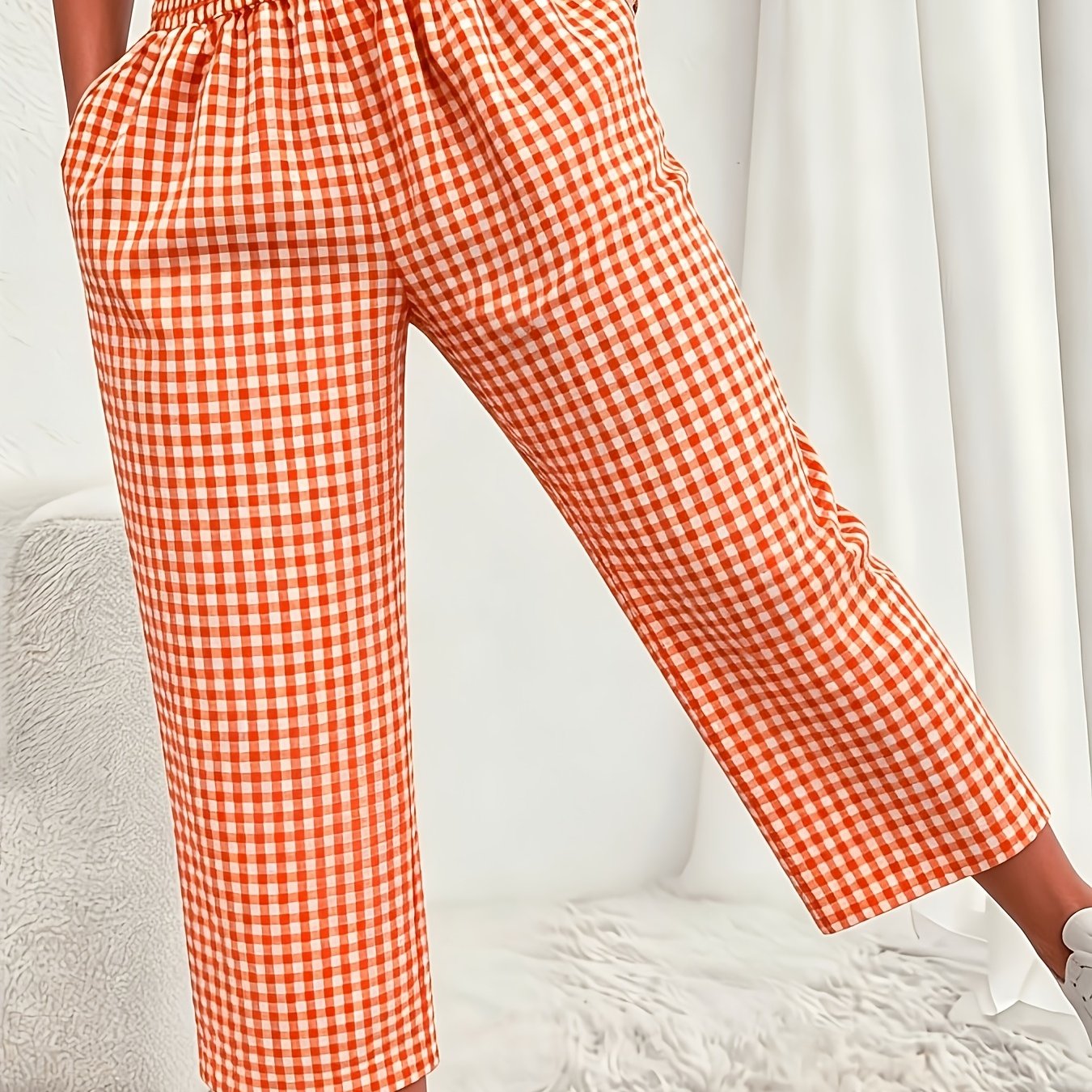 TEMU Plus Size, Women's Plus Size Plaid Elastic Waist High-waist Wide-leg Pants With Slant Pockets - Plaid Loose Fit Pocket Trousers, Suitable For