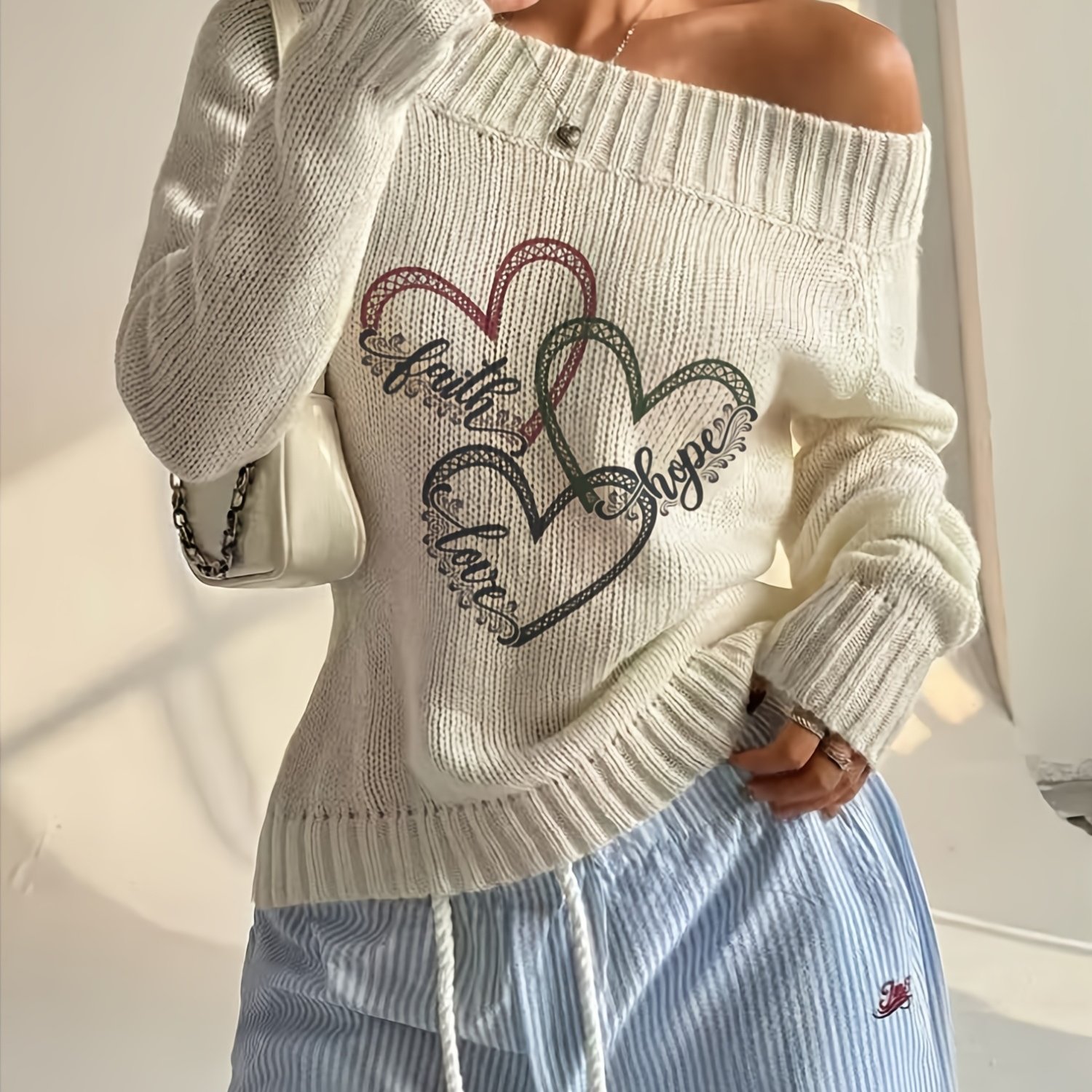 TEMU Retro Color- Heart Letter Sweater, Stylish Off-shoulder Loose Short Pullover