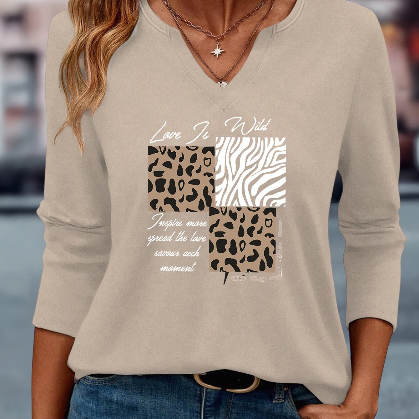 Image of Leopard Print Zebra Print Fashion Pattern Print Western Style Women' Versatile Easy Comfortable Casual V-neck Three-quarter Sleeve T-shirt