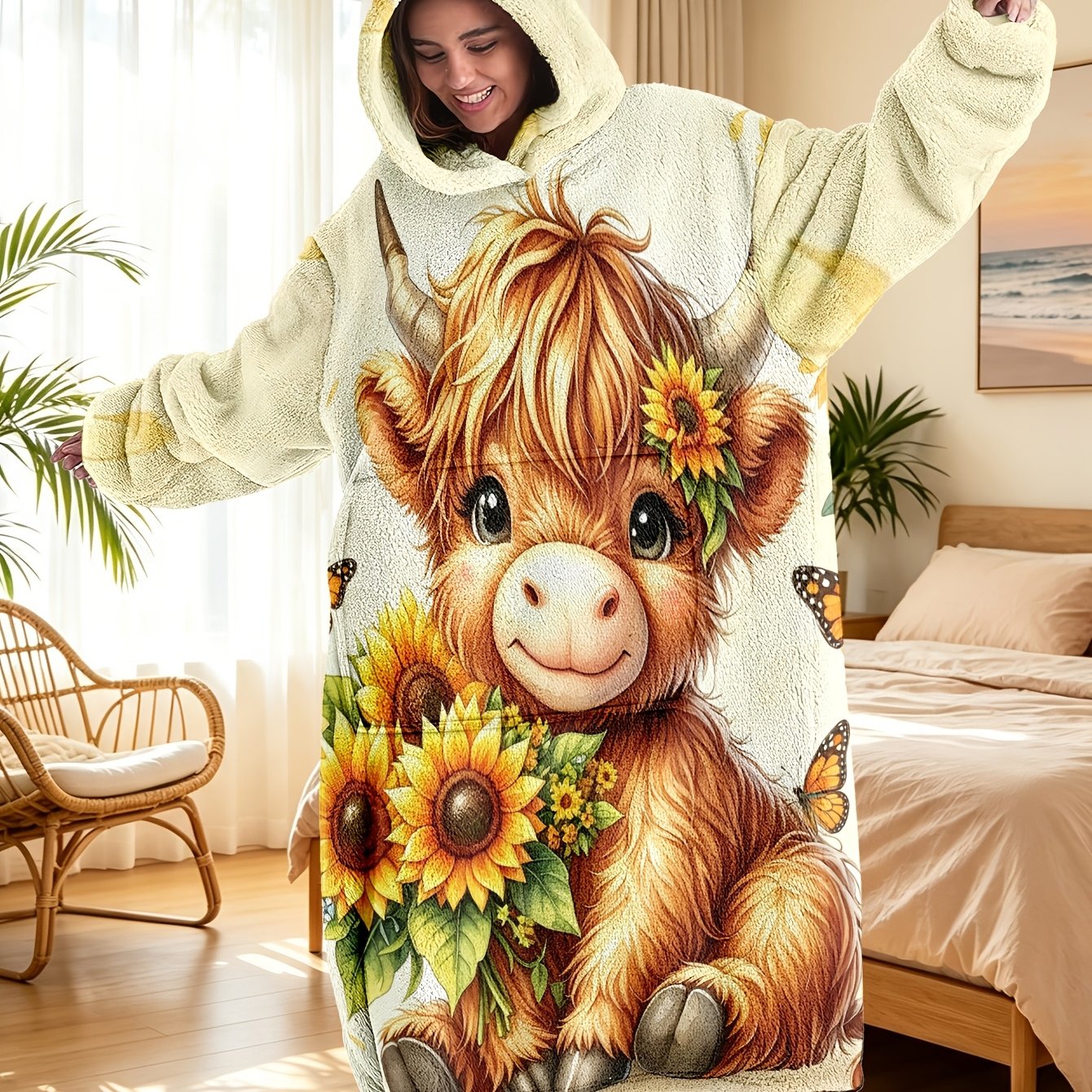 TEMU 1pc Unisex Hooded Bathrobe With Cute Highland Cow & Sunflower Print, Couple Style Big , Pastoral & Warm, Ideal Gifts For Lovers, On Halloween,