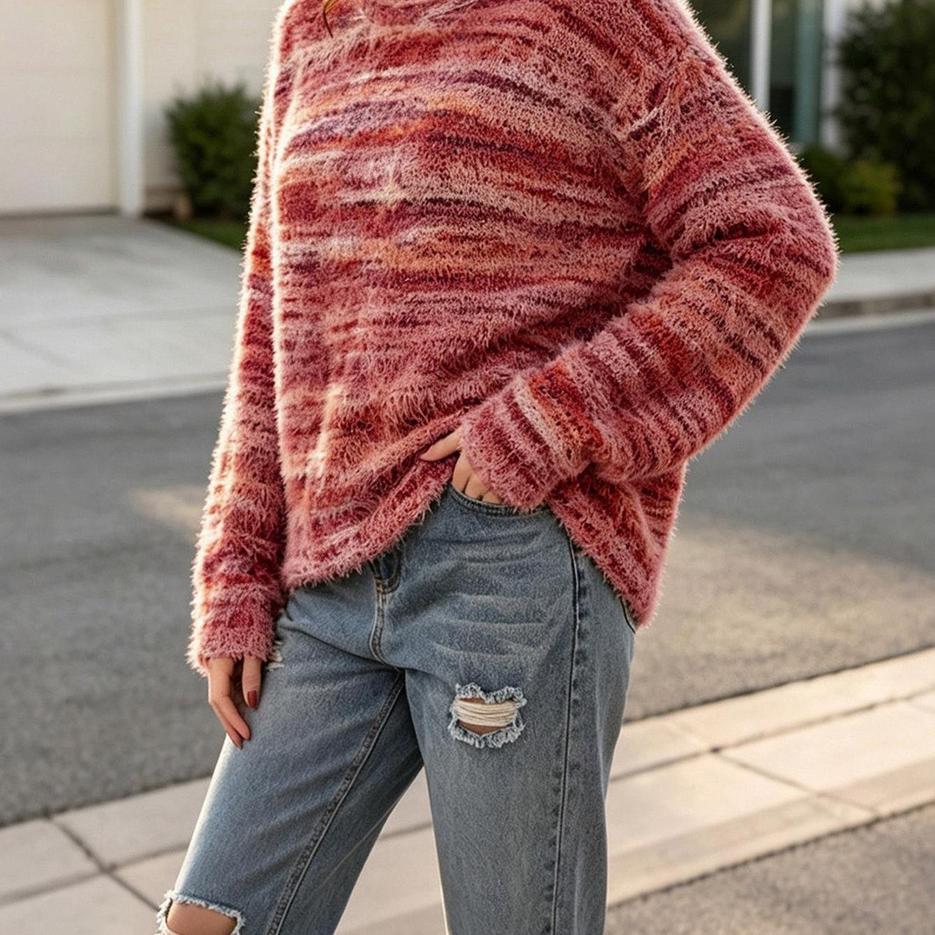 Image of Women's Cozy Marled Striped Sweater - Fuzzy Fluffy Pullover With Asymmetric Hem & H-line Silhouette, Loose Fit Crewneck Long Sleeve Sweater Suitable For Daily Wear, Vacations, Autumn (hand Washable)