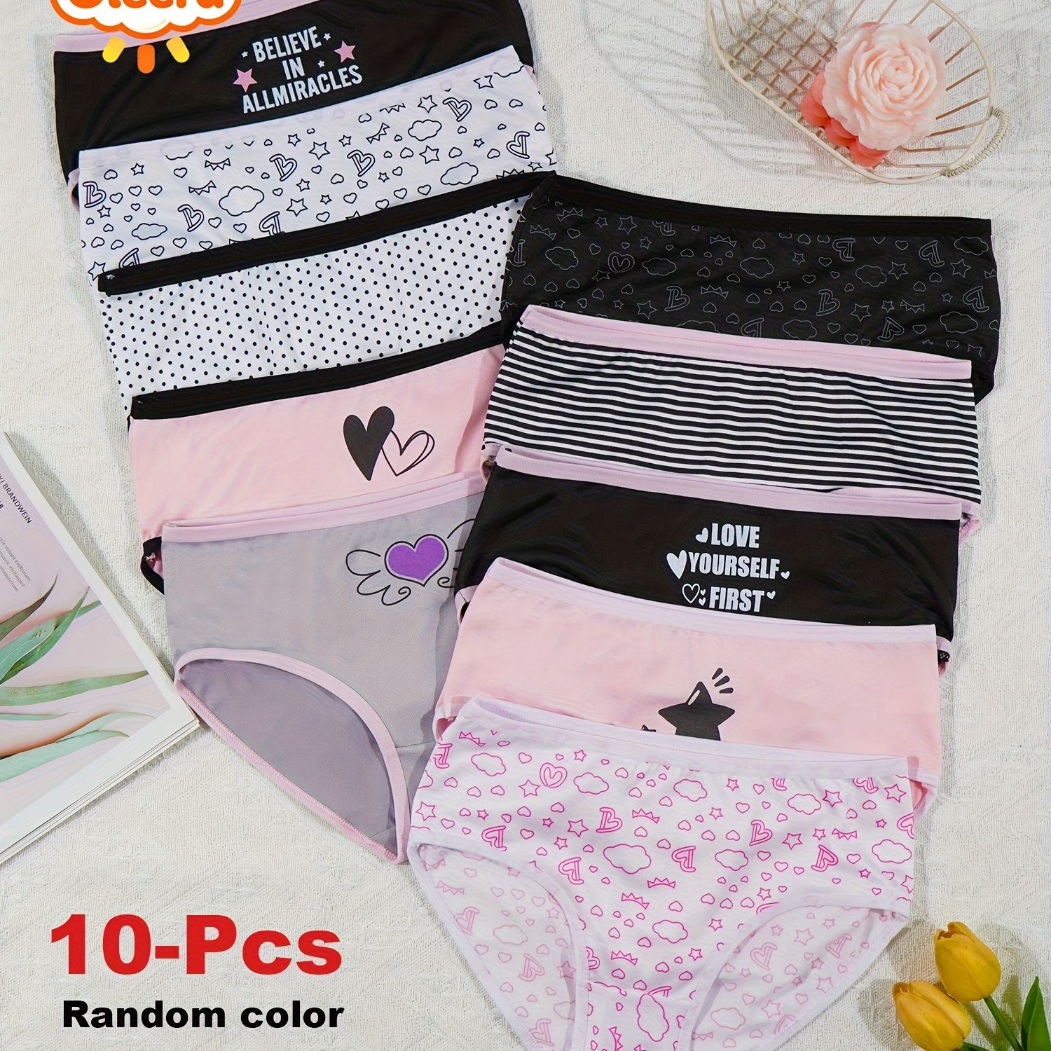 Random 10pcs Girls' Kids' Briefs With Heart And Letter Print, Vintage Style, Trendy Underwear