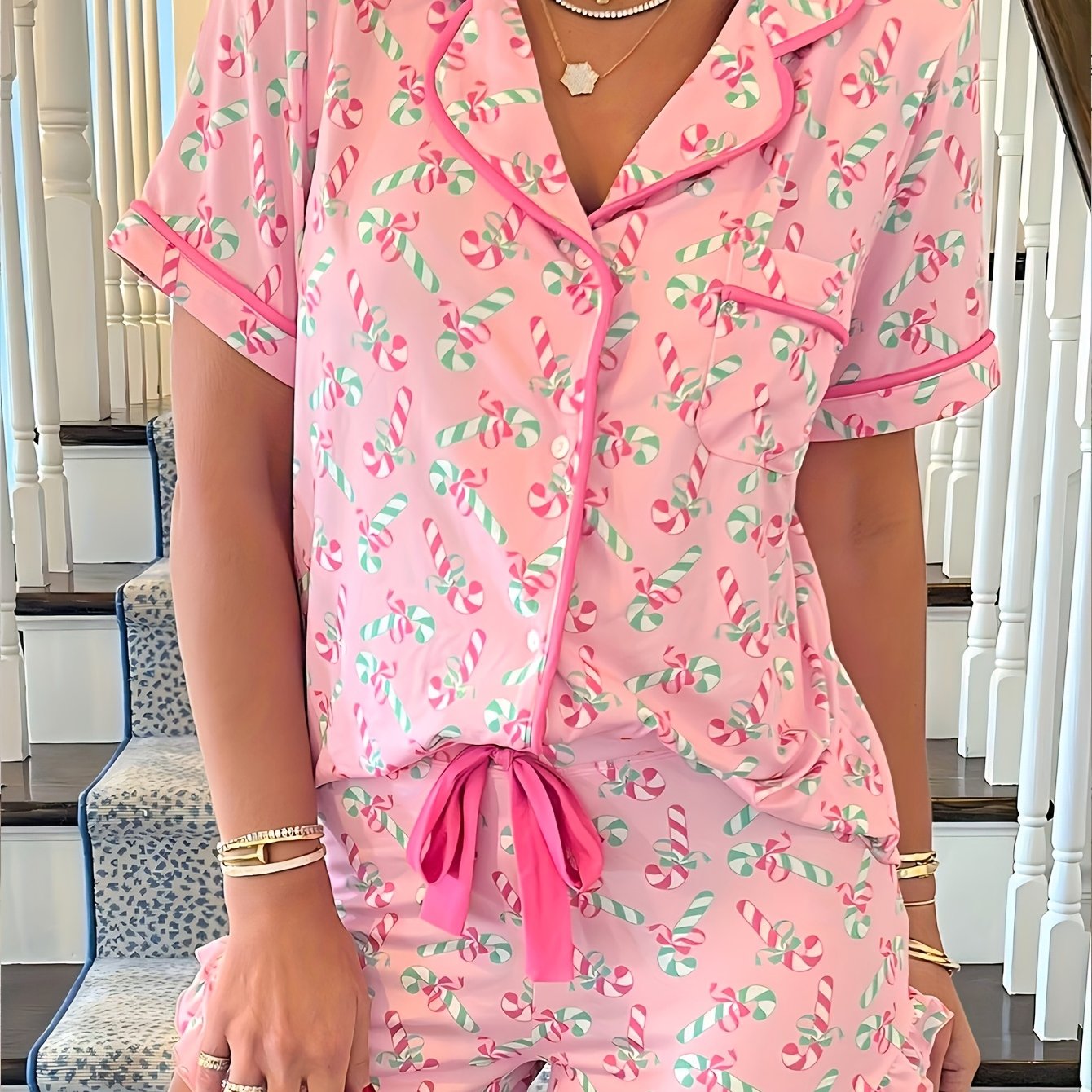 TEMU 2pcs Open Front Button-up Christmas Candy Cane Print Tie Bow Lapel Short Sleeve Button-up And Shorts Pajama Set