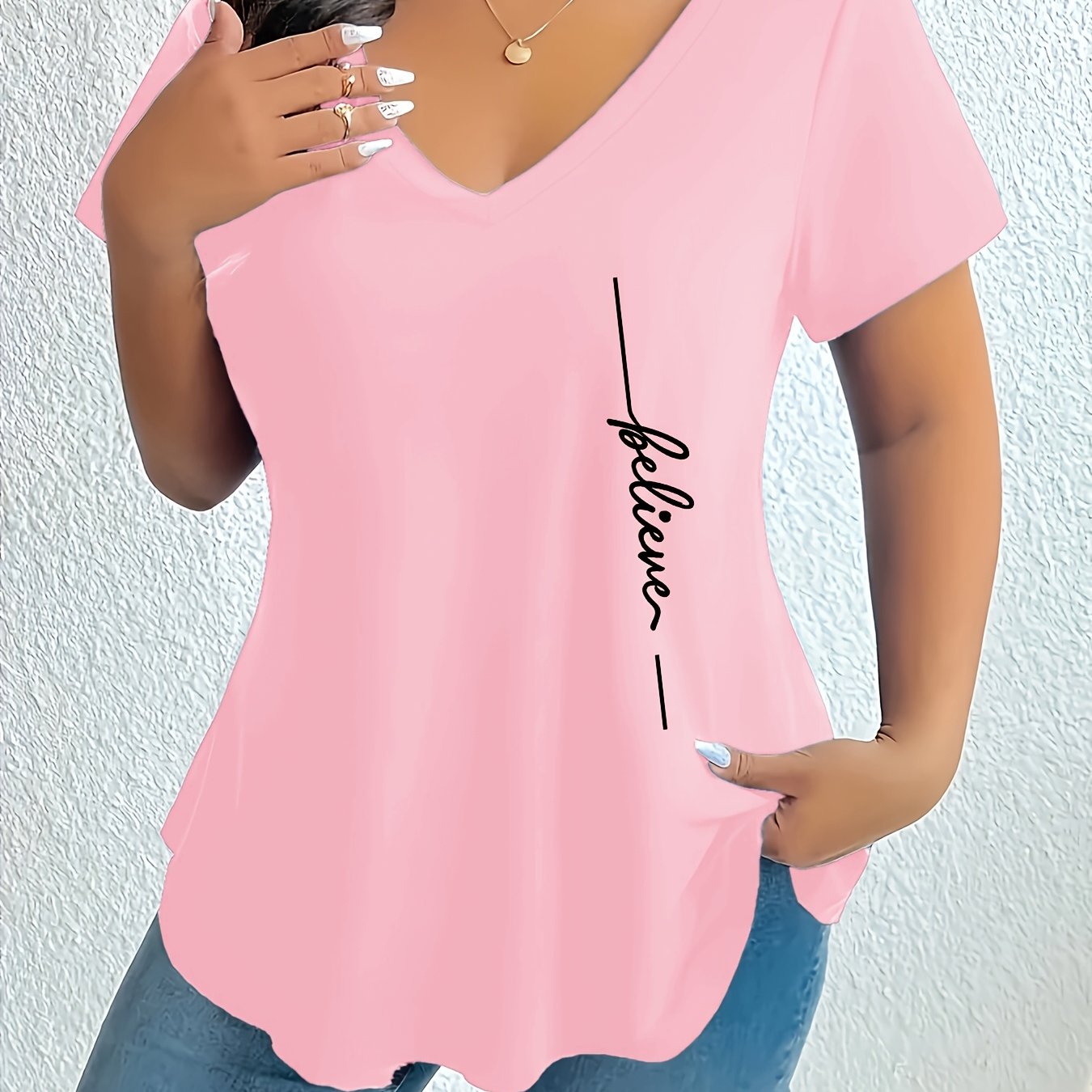 TEMU Plus Size, Plus Size Women's V-neck Geometric Pattern T-shirt