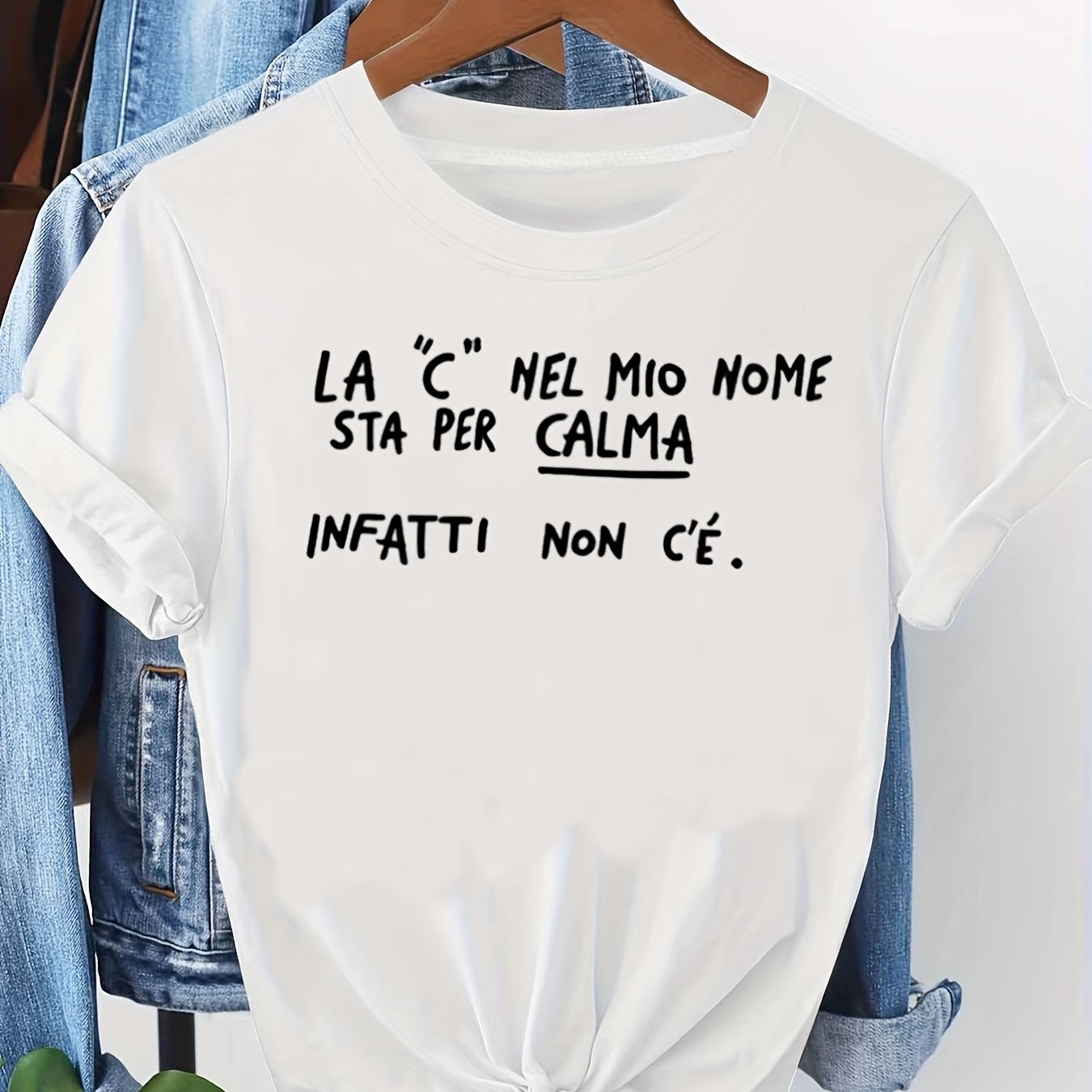 TEMU Women's T-shirt, Black With A Casual Handwritten Font, Printed With The Italian "the 'c' In My Name Stands For, But In Reality It Exist At All."